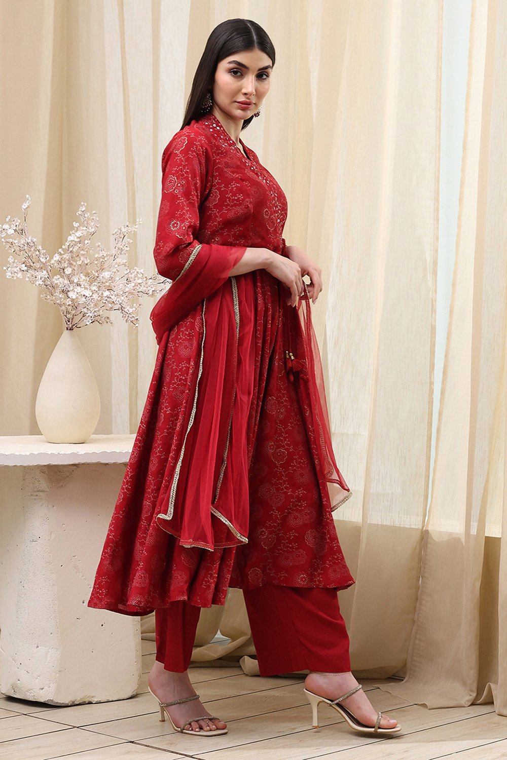 Navy Blue Printed Angrakha Style Anarkali Suit Set image number 5