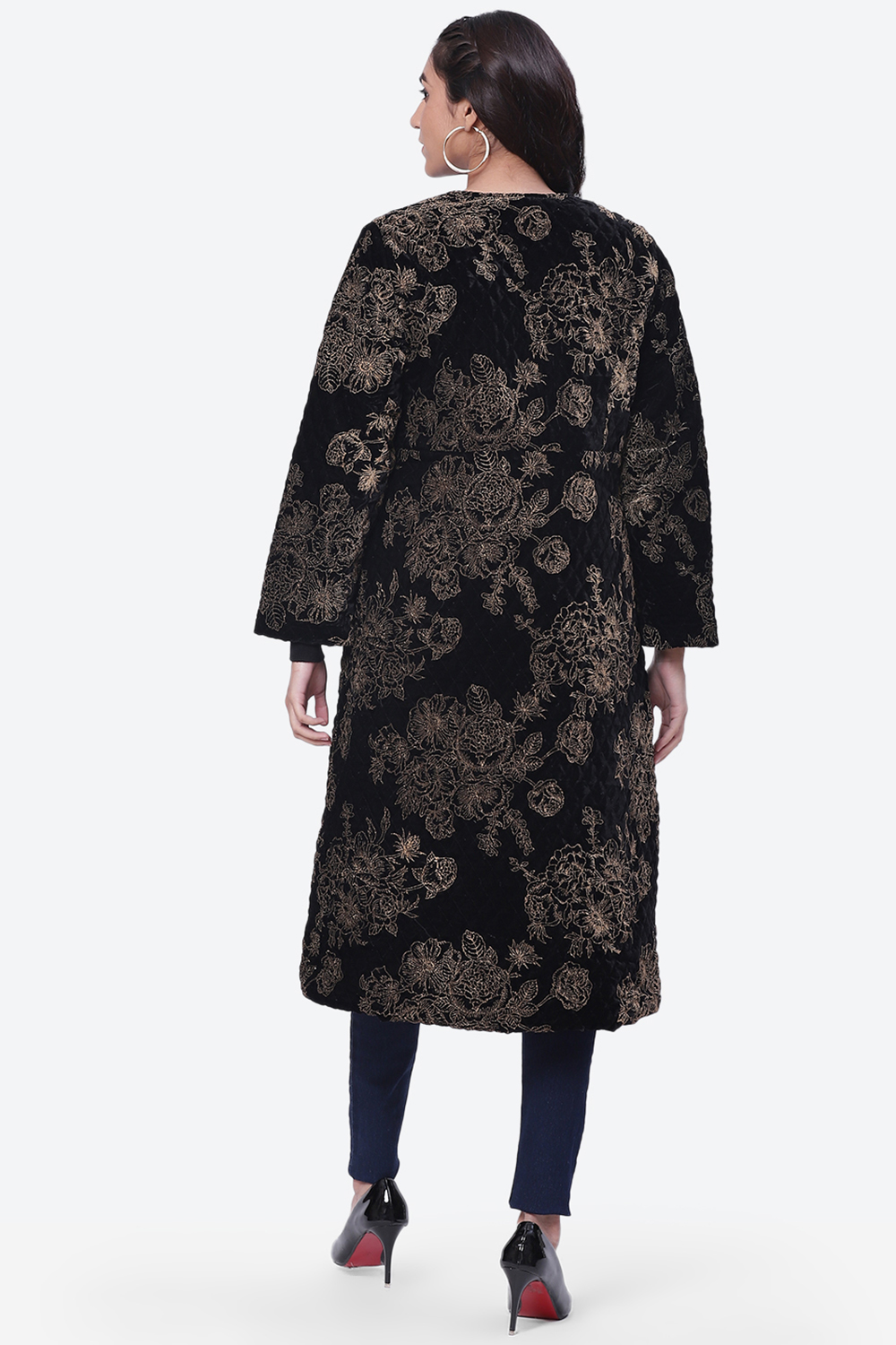 Black Straight Floral Printed Velvet Coat image number 4