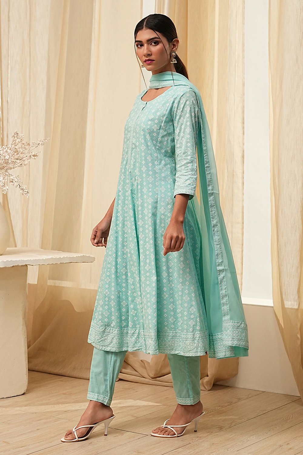 Aqua Pure Cotton Printed Kalidar Suit Set image number 3