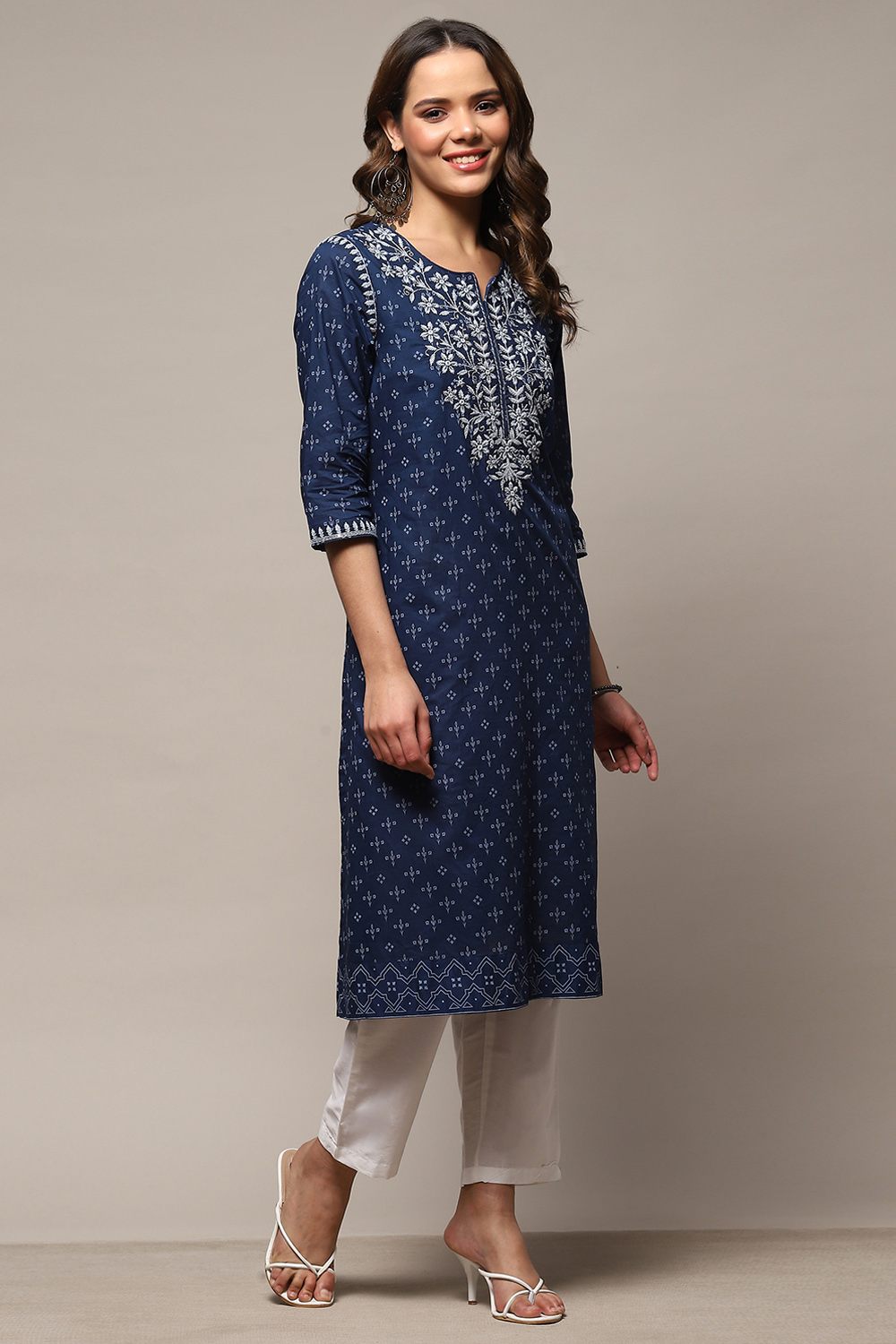 Indigo Cotton Straight Kurta image number 4