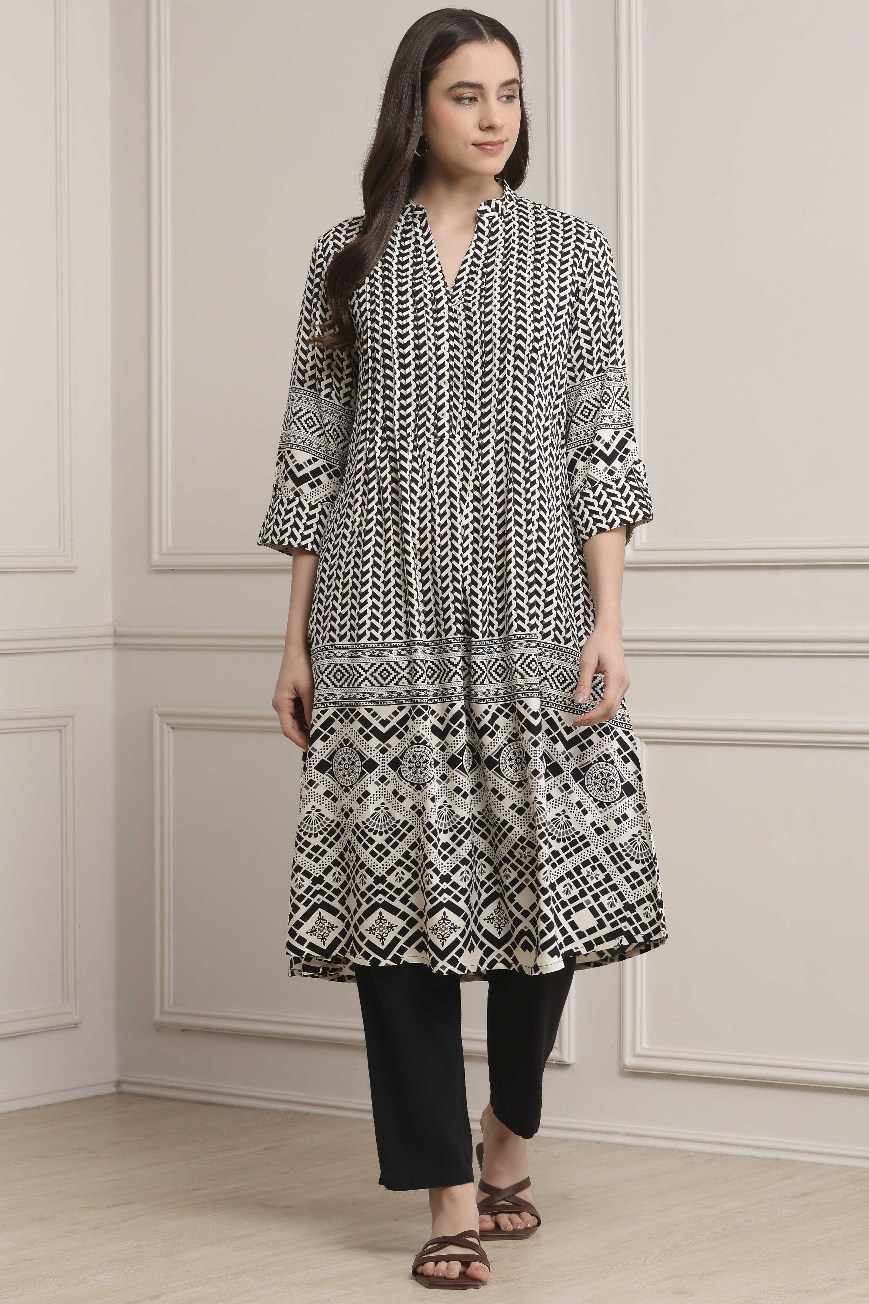 Black Cotton Printed Pleated A-line Kurta image number 0