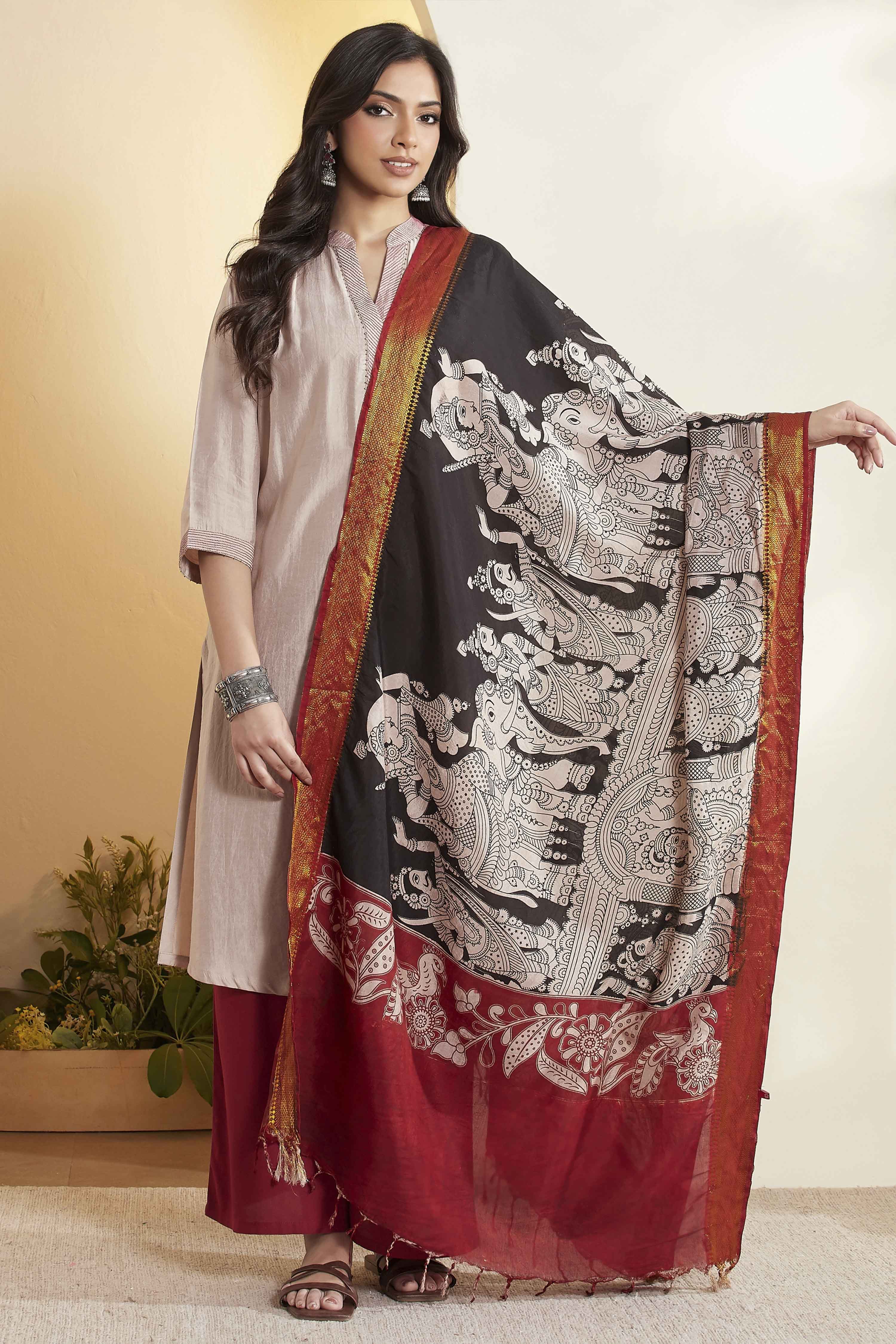 Black Chennur Silk Kalamkari- Inspired Dupatta image number 6