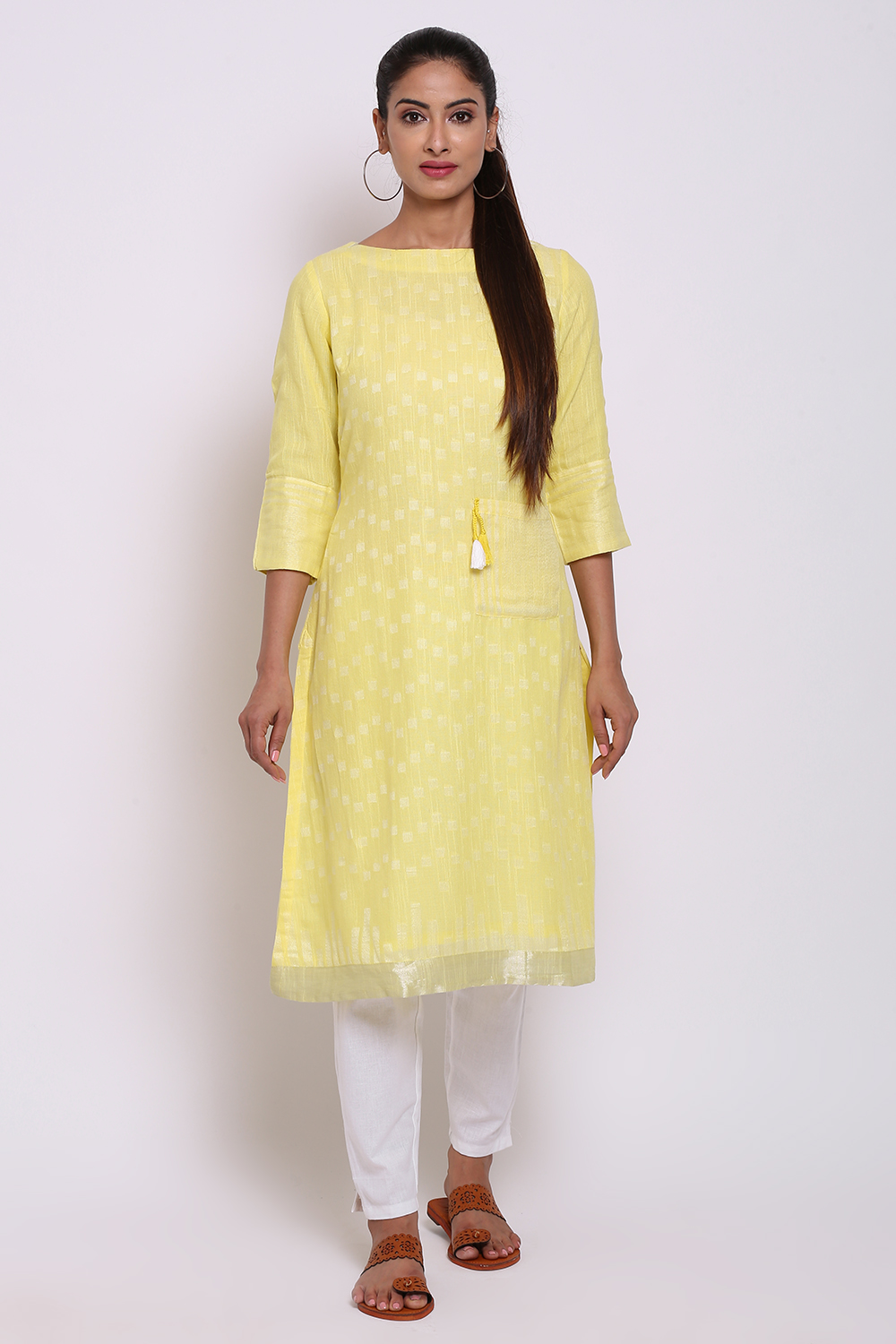 Yellow Viscose Cotton A-Line Yarndyed Kurta image number 0