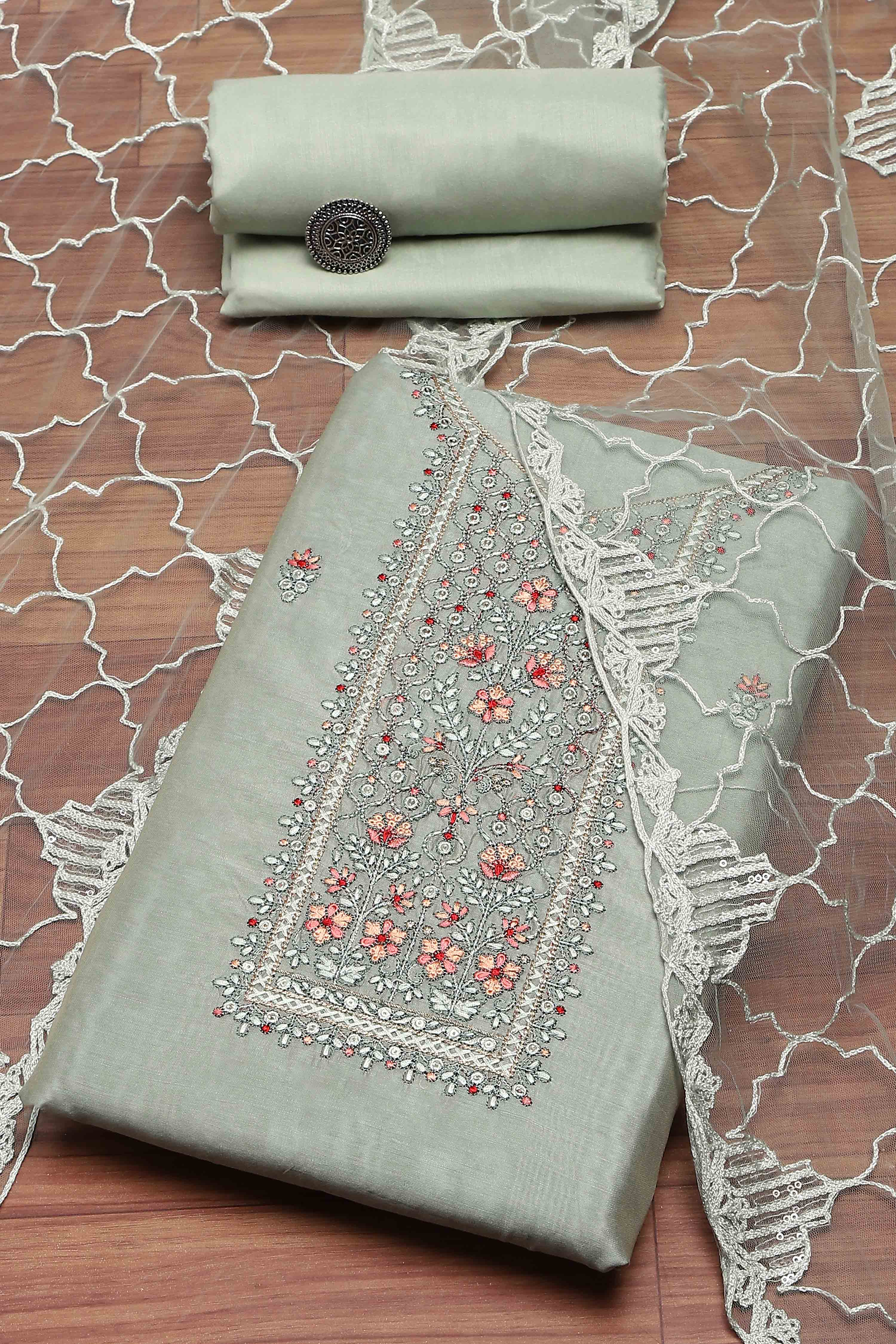 Beige Chanderi  Embroidered Unstitched Suit Set image number 0