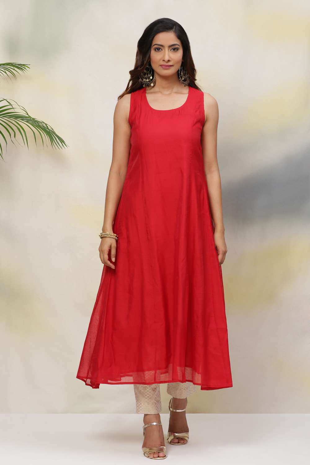 Red Flared Poly Modal Yarndyed Kurta image number 3