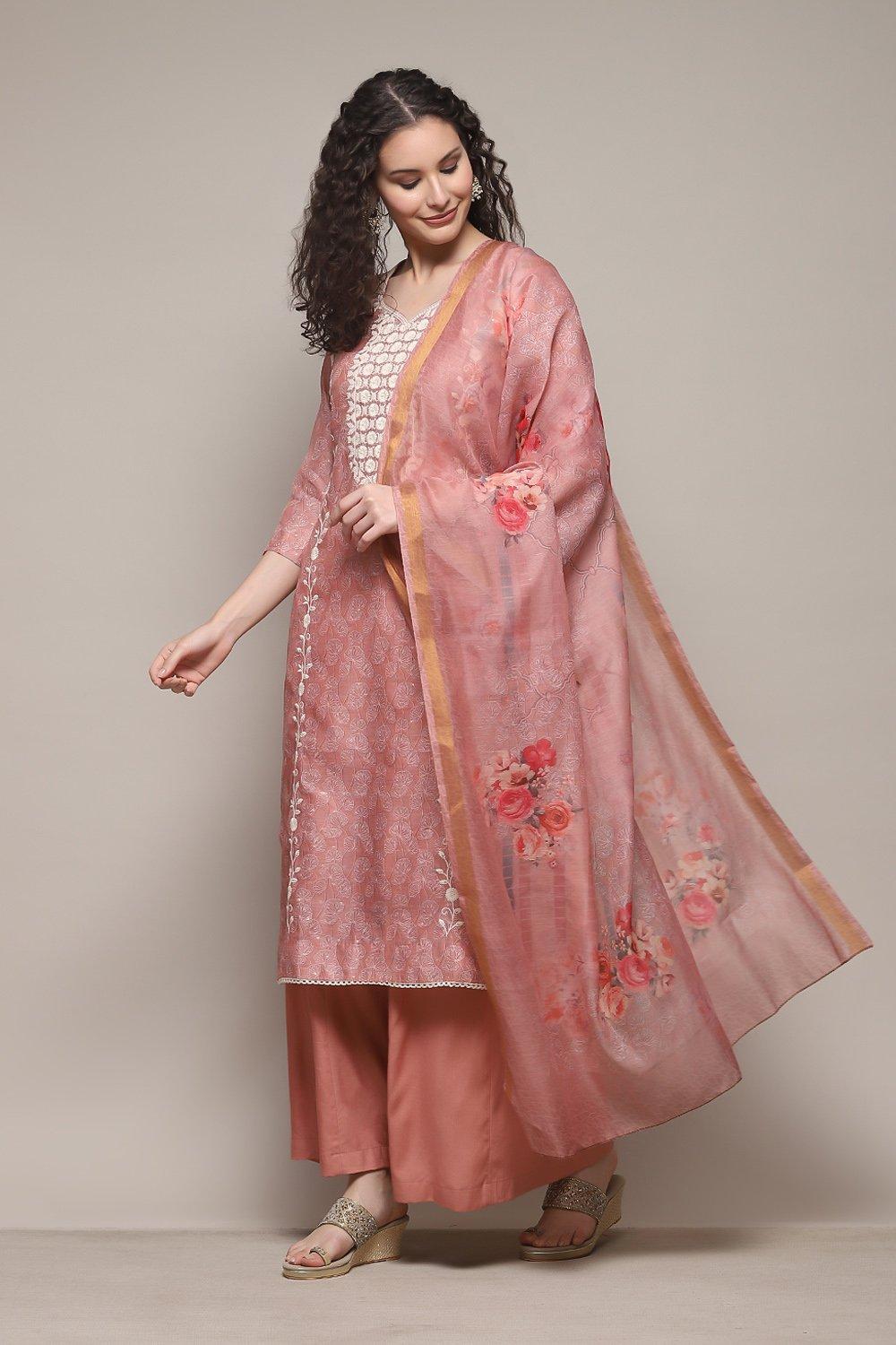 Peach Chanderi Unstitched Suit Set image number 5