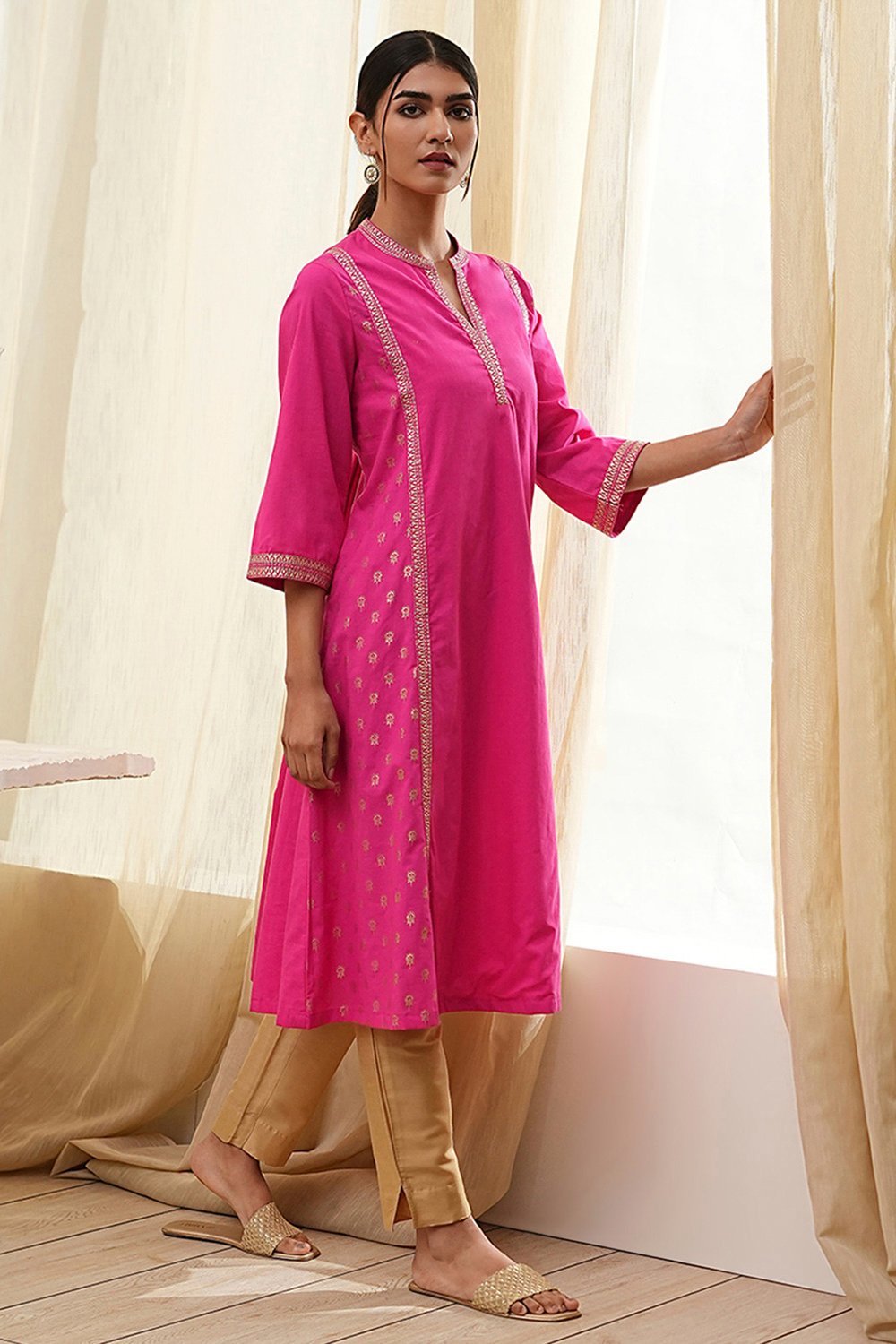 Fuchsia Cotton Printed A-Line Kurta image number 0