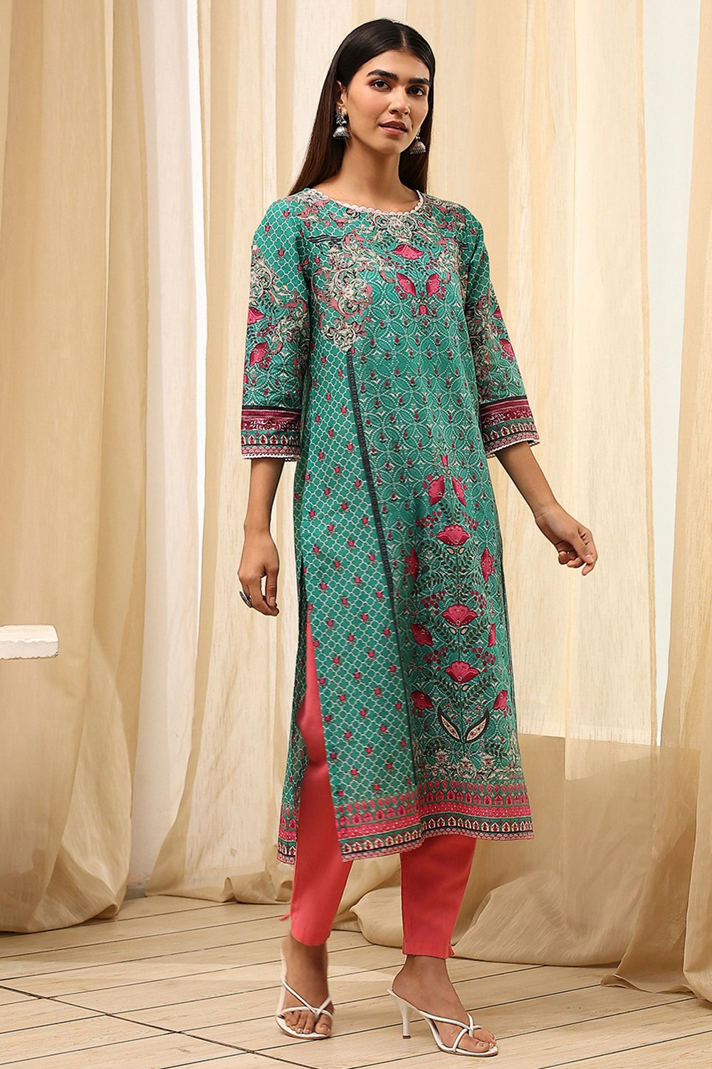 Green Cotton Printed Straight Kurta image number 3