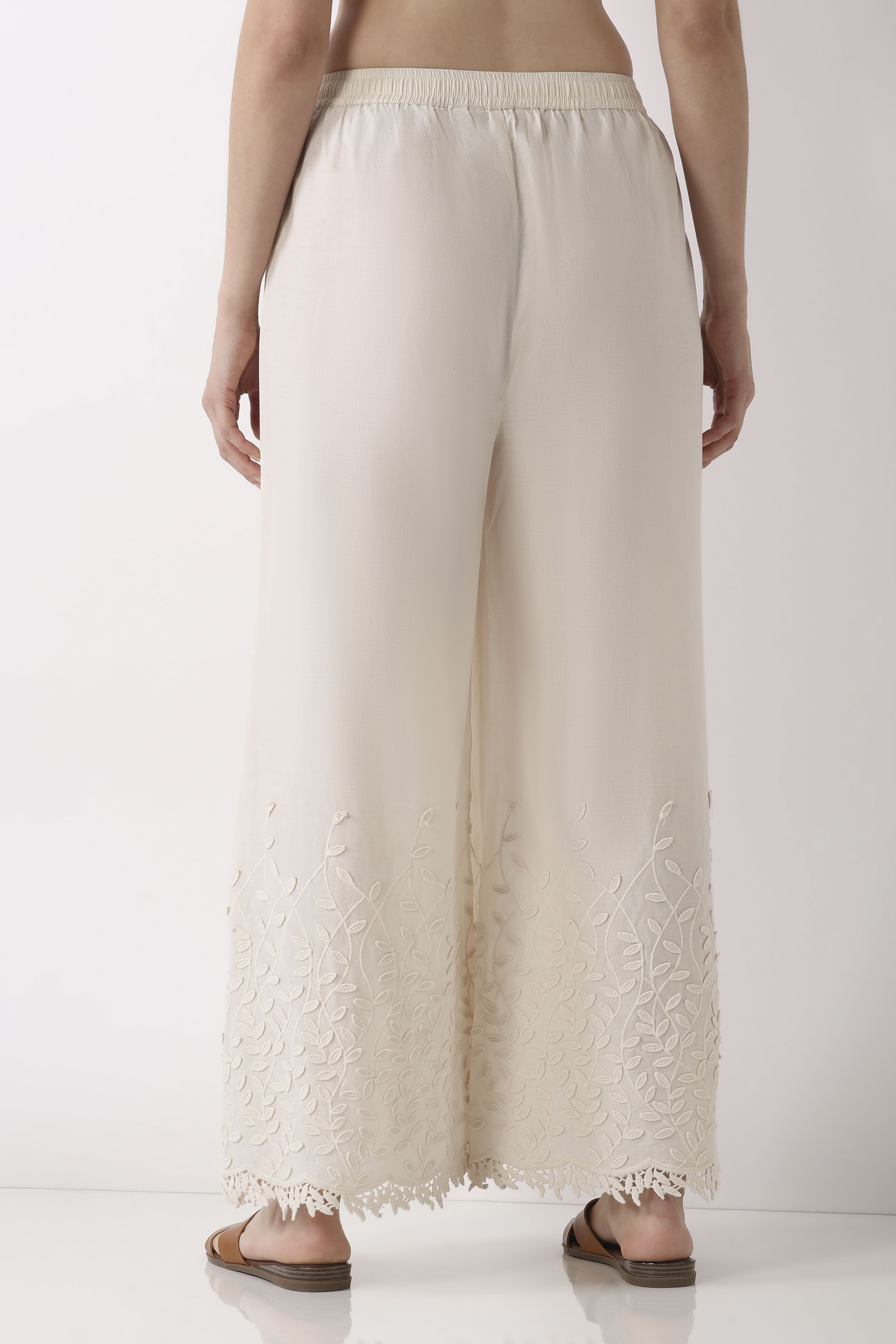 Off White Cotton Flared Palazzos image number 5