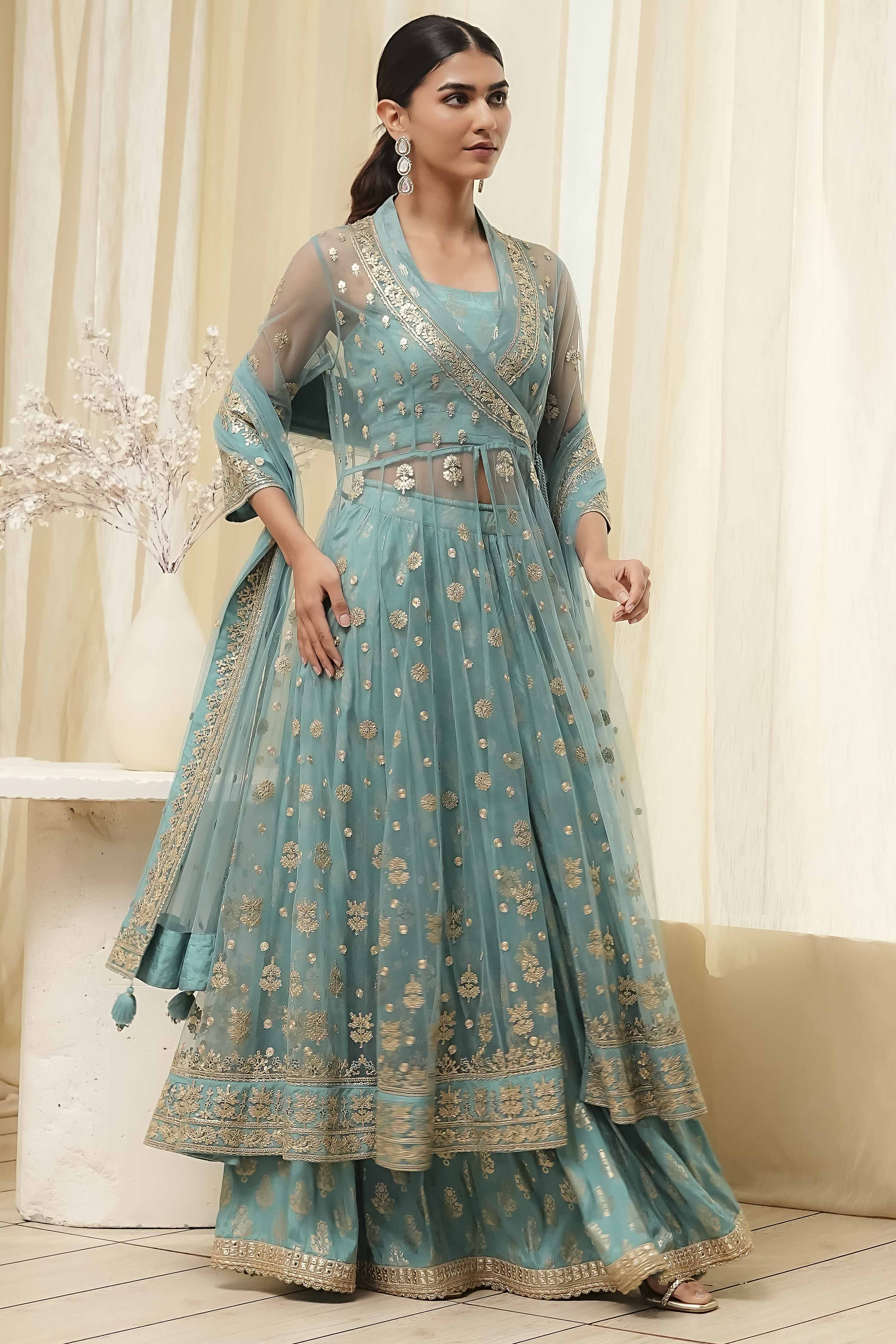 Coral-Pink Polyester Blend Anarkali Lehenga Set image number 5