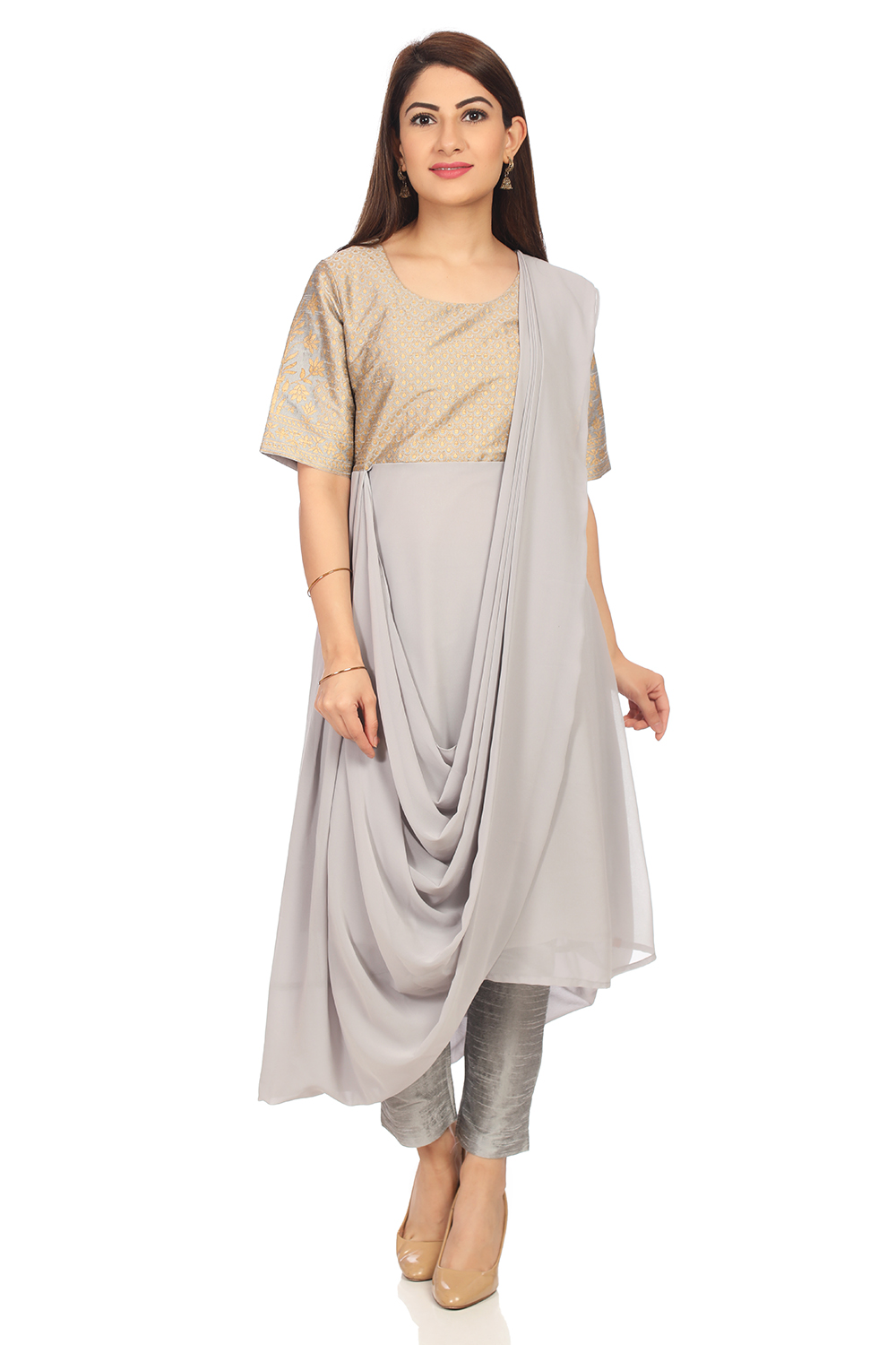 Grey Art Silk Anarkali Kurta Slim Pant Suit Set image number 0