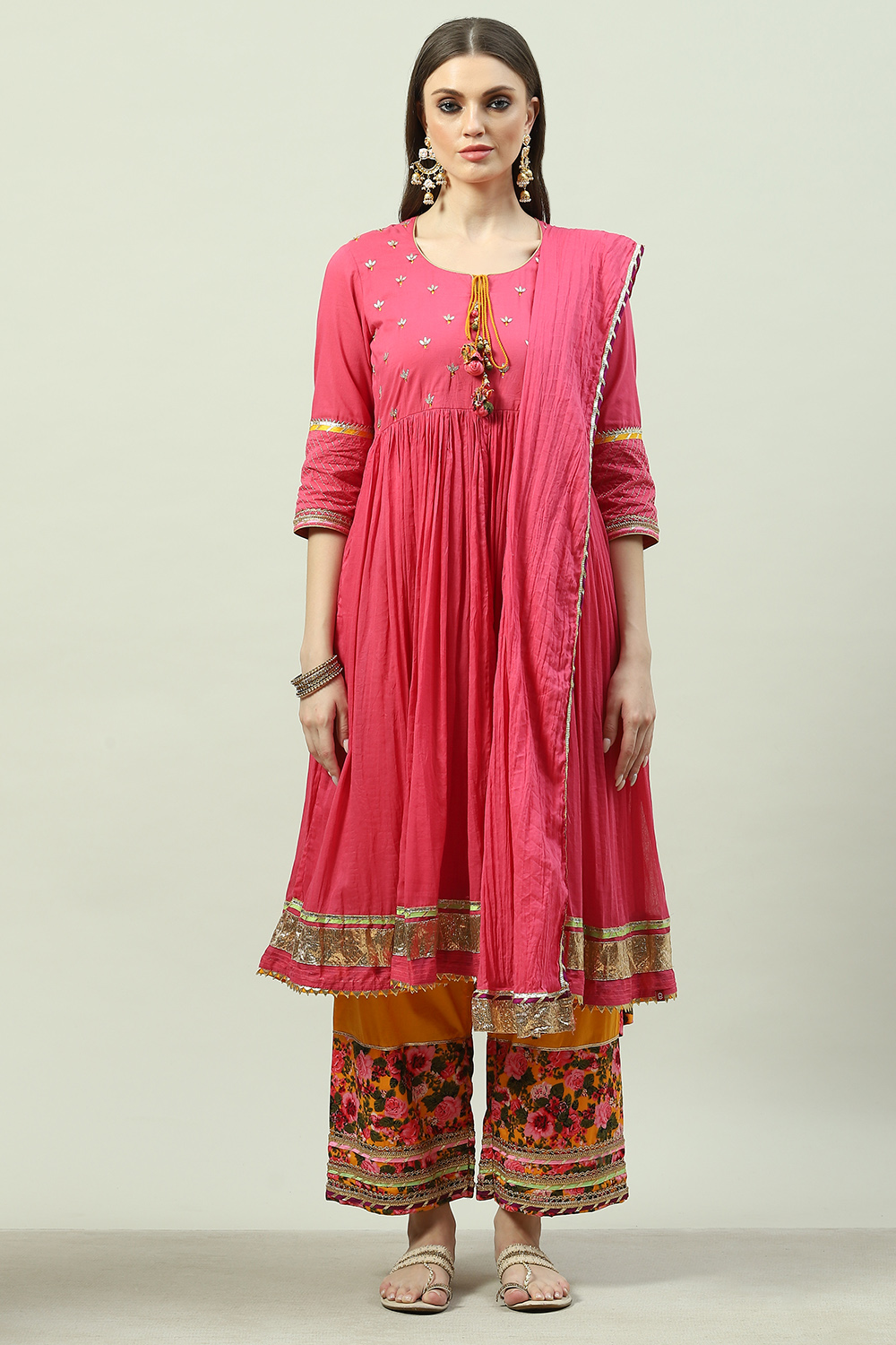 Pink Cotton Anarkali Kurta Palazzo Suit Set image number 6