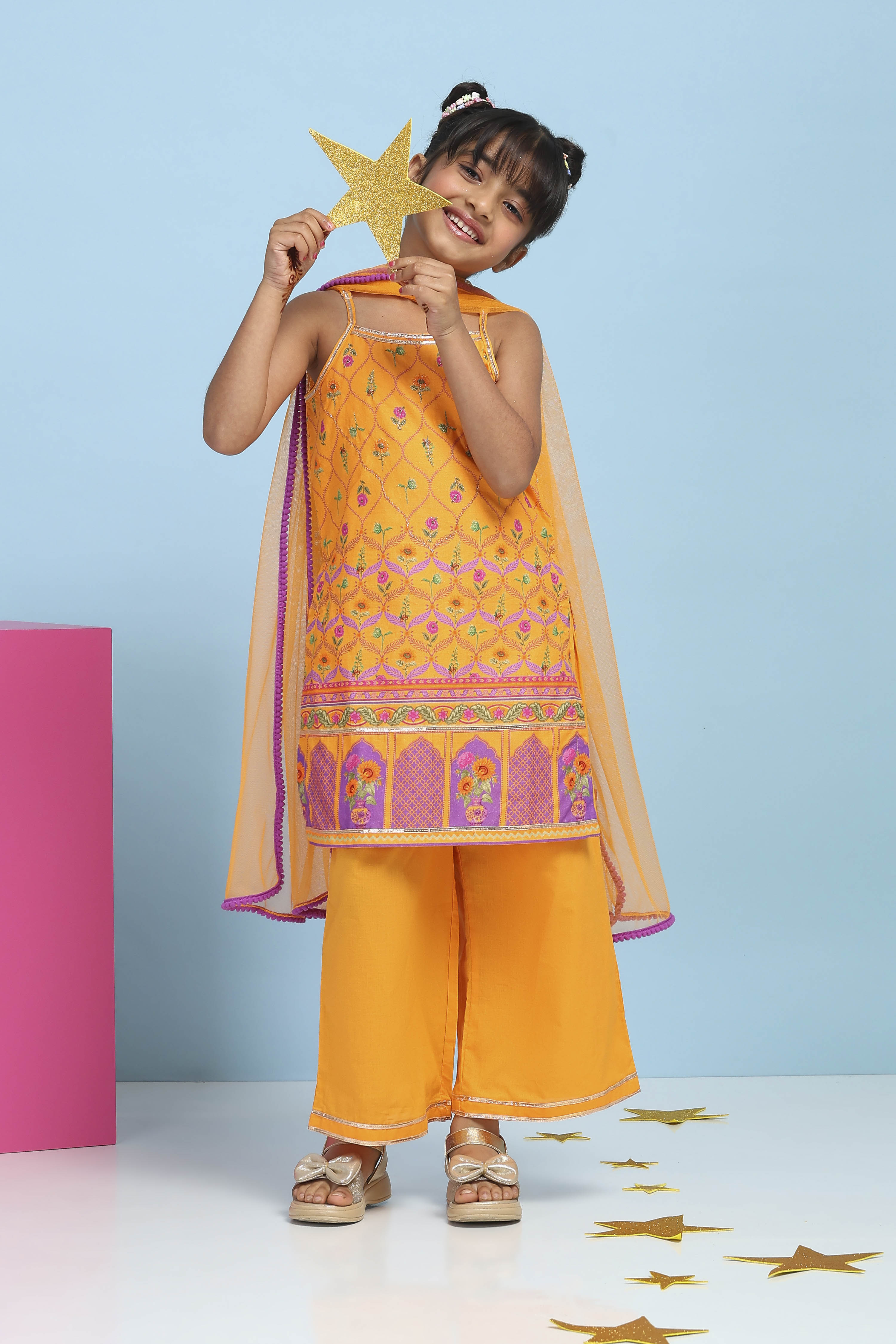 Orange Cotton Printed Straight Suit Set image number 0