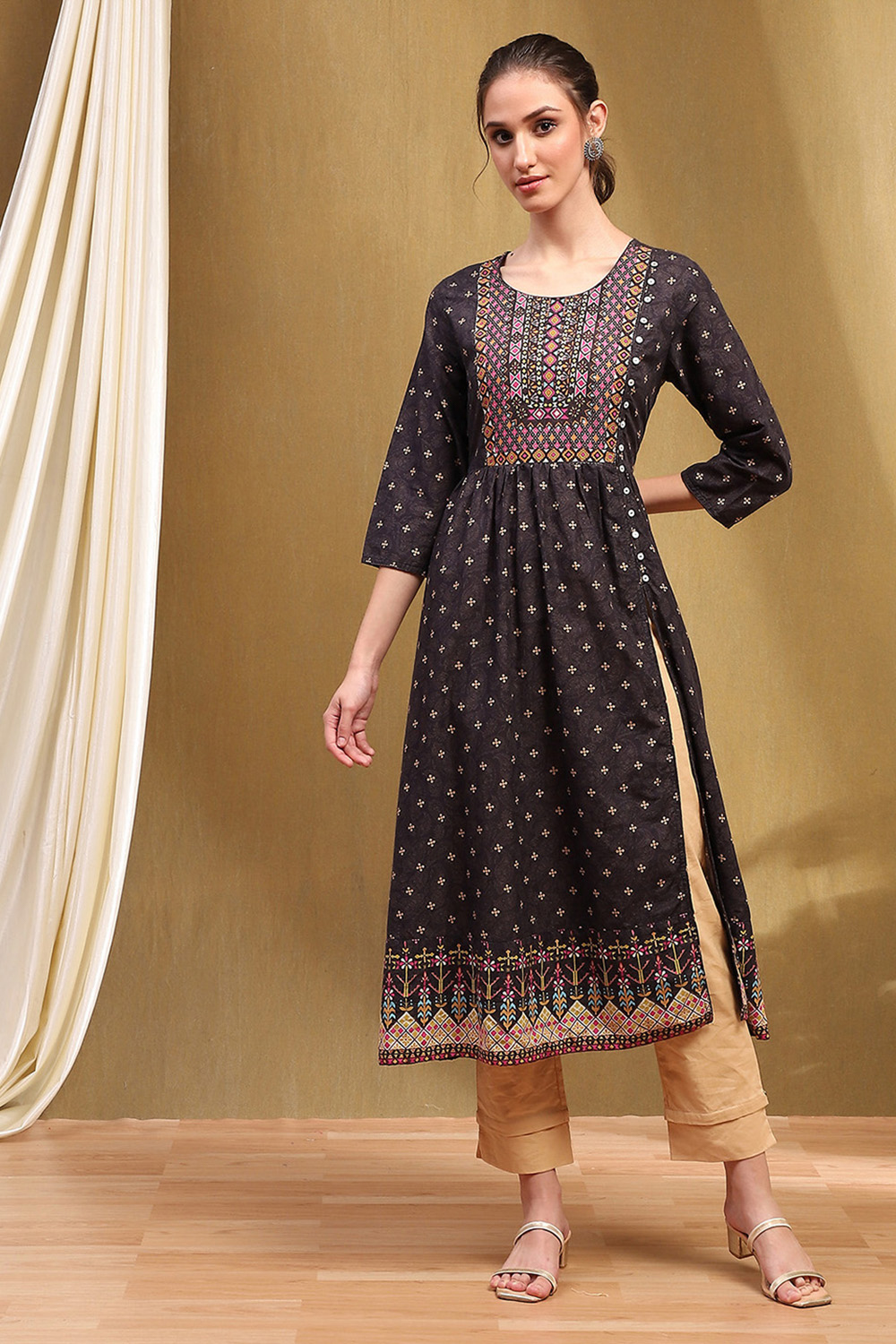 Black Cotton Printed Kurta image number 1