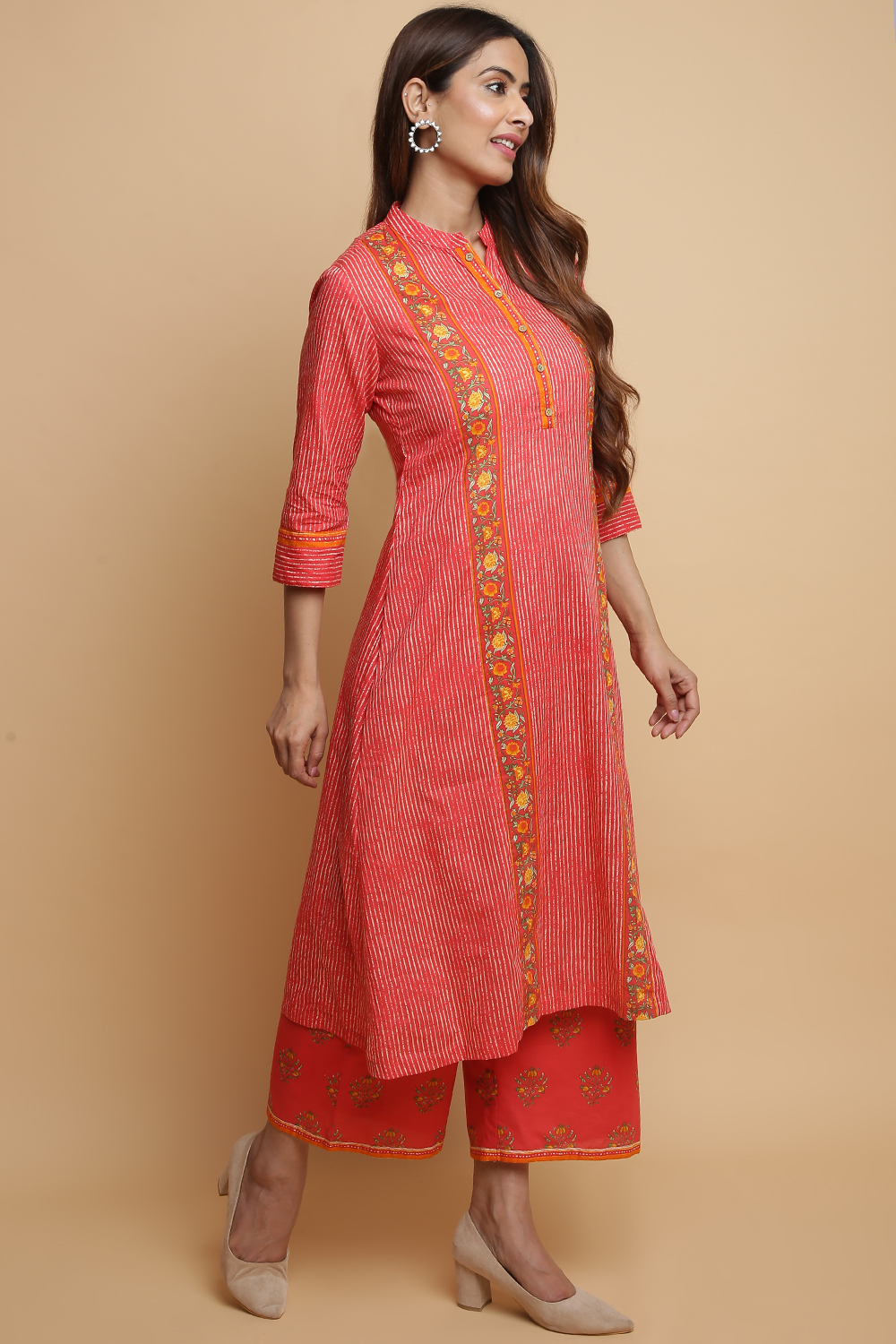 Coral Cotton A-Line Kurta Palazzo Suit Set image number 5