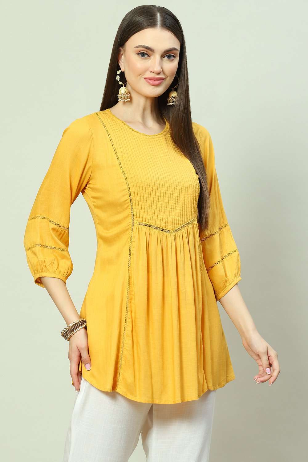 Yellow LIVA Flared Solid Kurti image number 0