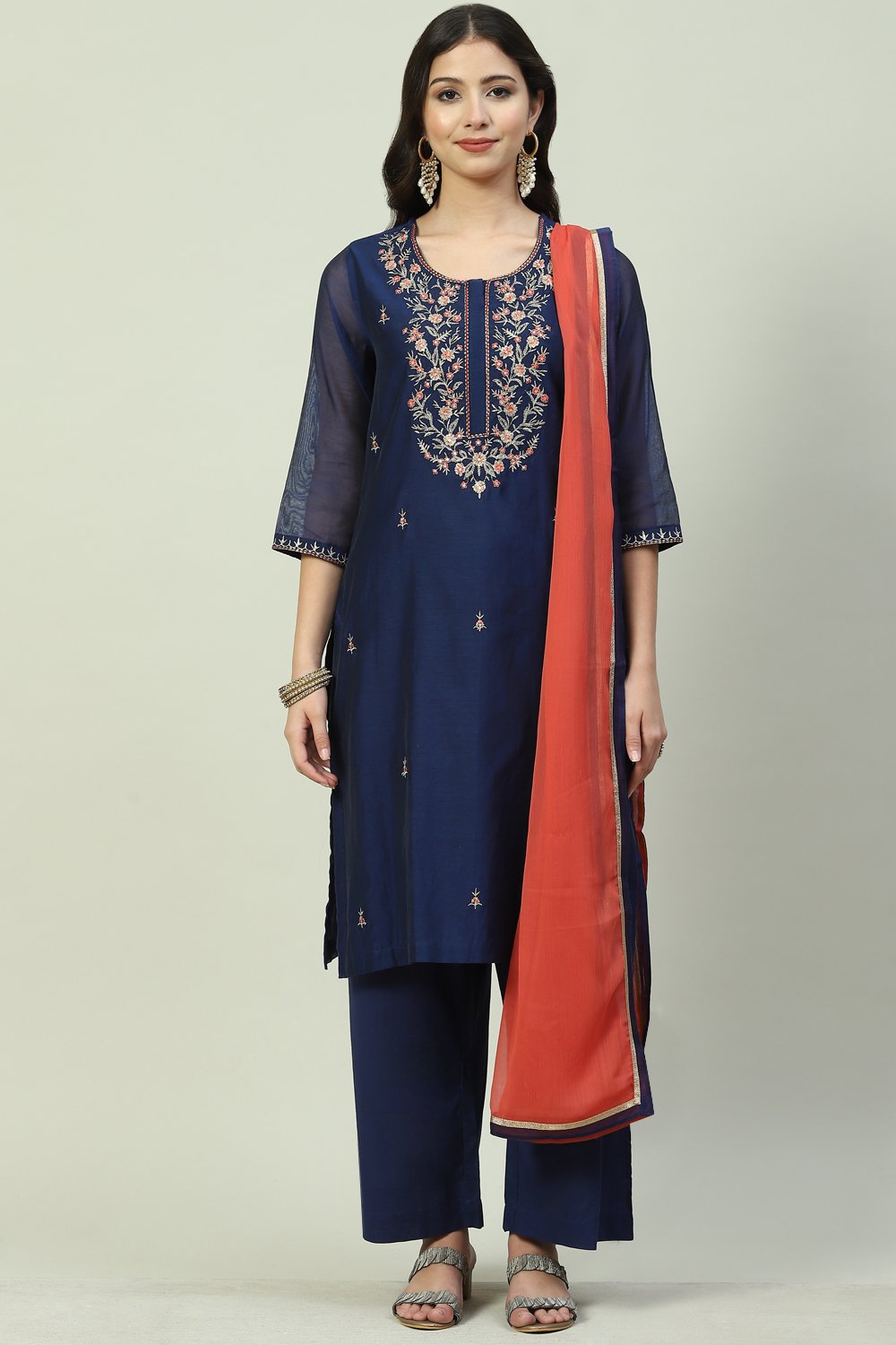 Navy Blue Art Silk Straight Kurta Palazzo Suit Set image number 8