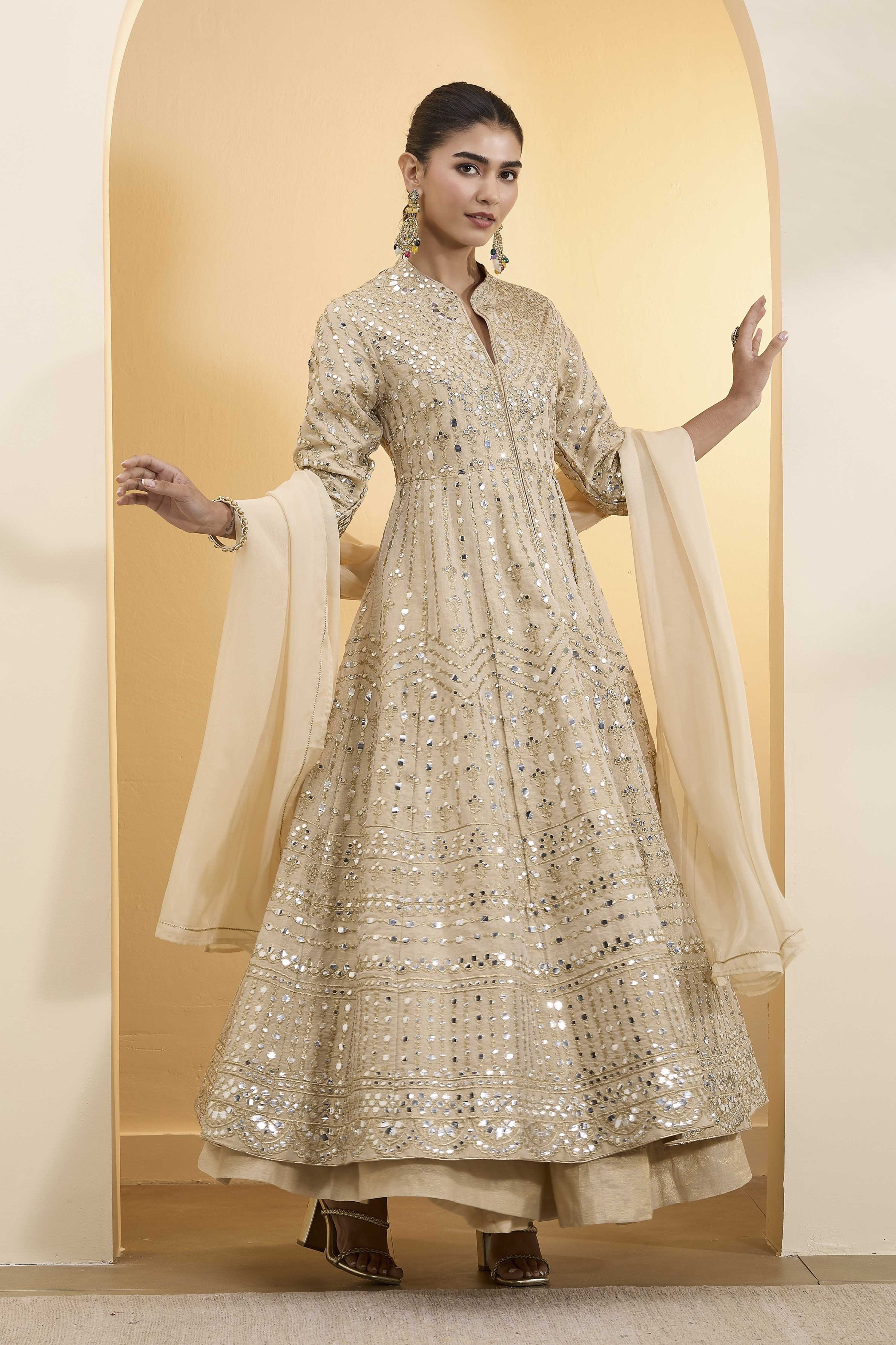 Beige Cotton Zari Tissue Kalidar Suit Set image number 5