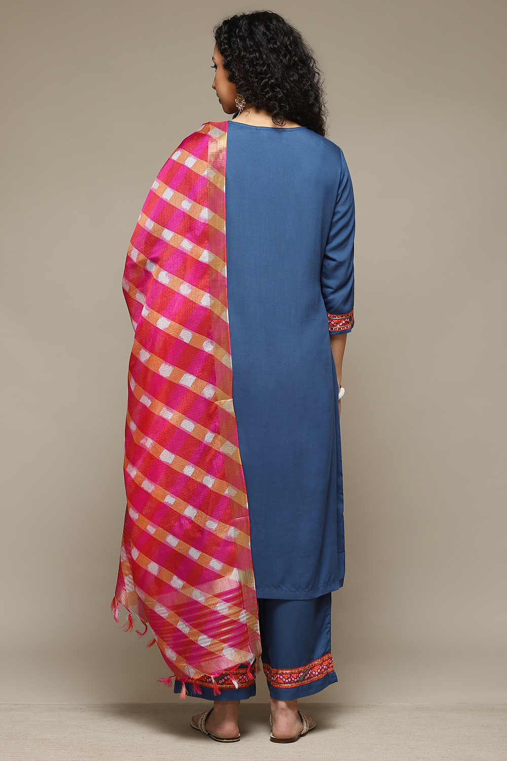 Off White & Blue Rayon Straight Kurta Palazzo Suit Set image number 4