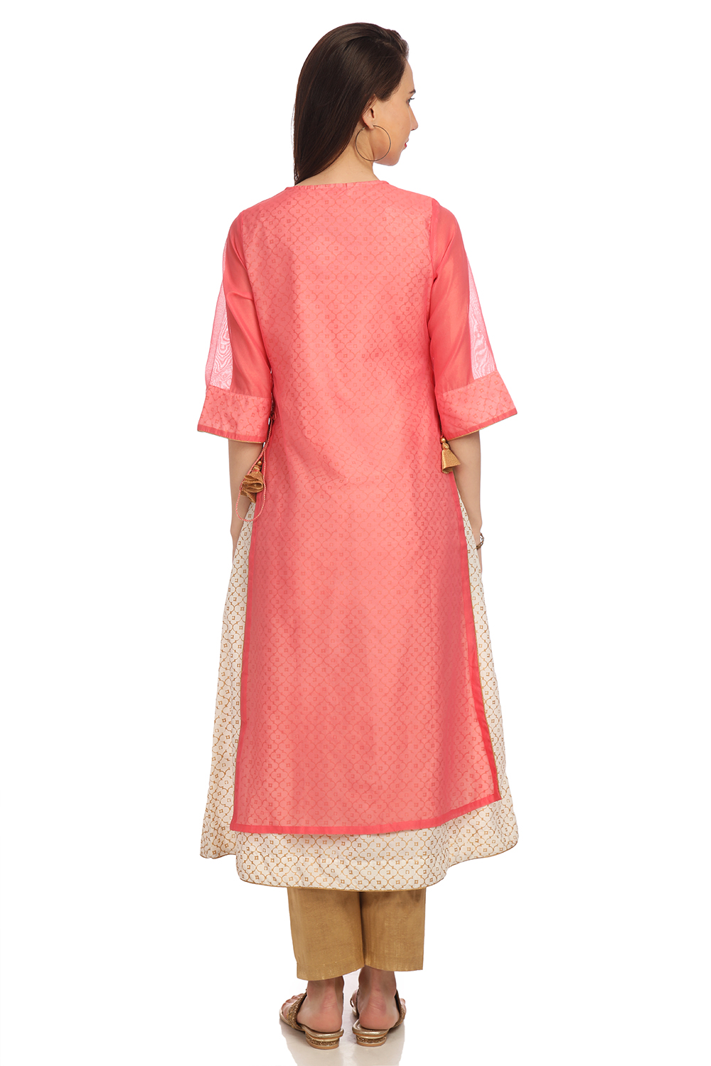 Coral A-Line Art Silk Yarndyed Kurta image number 4