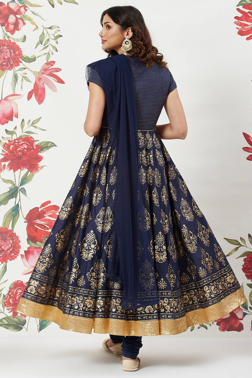 Rohit Bal Navy Blue Chanderi Silk Anarkali Solid Suit Set image number 7