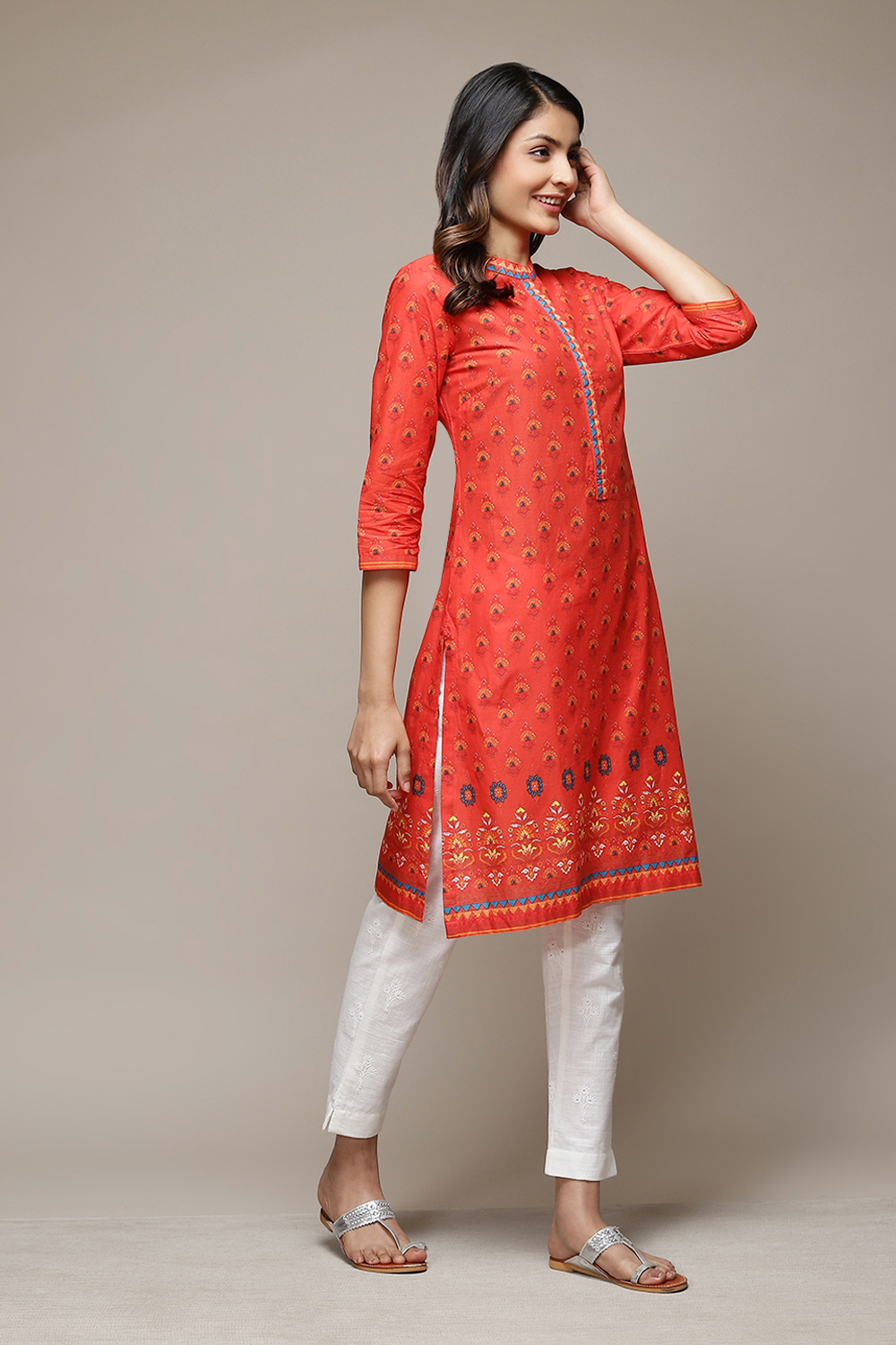 Orange Cotton Straight Printed Kurta image number 4