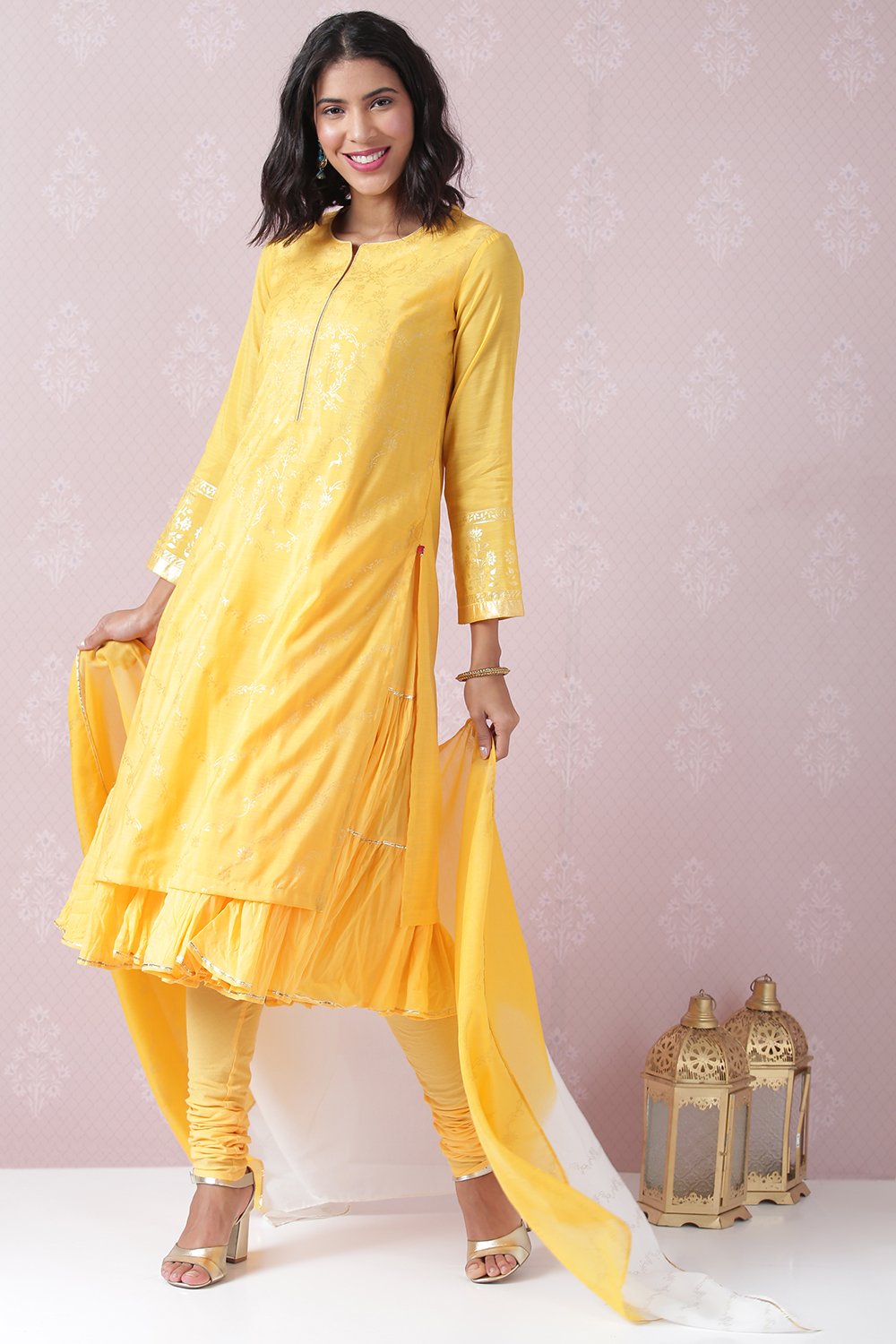 Yellow Art Silk Straight Kurta Churidar Suit Set image number 4