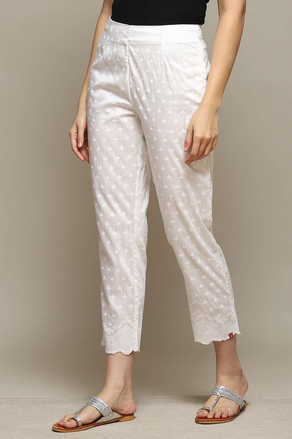 White Viscose Printed Narrow Pants image number 2