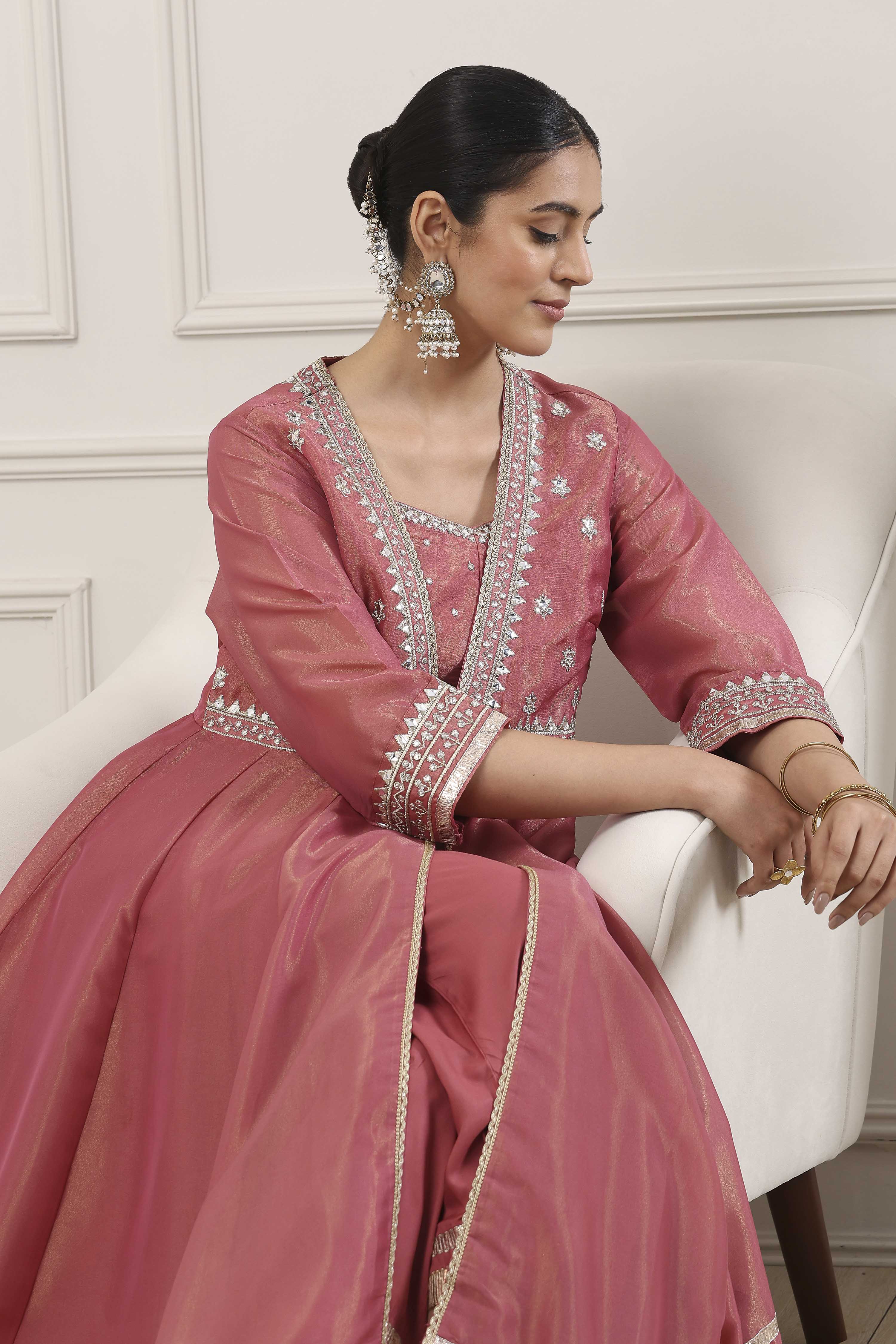 Pink Poly Tissue Anarkali Suit Set image number 8