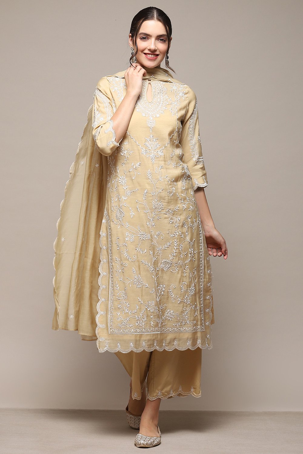 Beige Poly Chanderi Straight Suit set image number 7