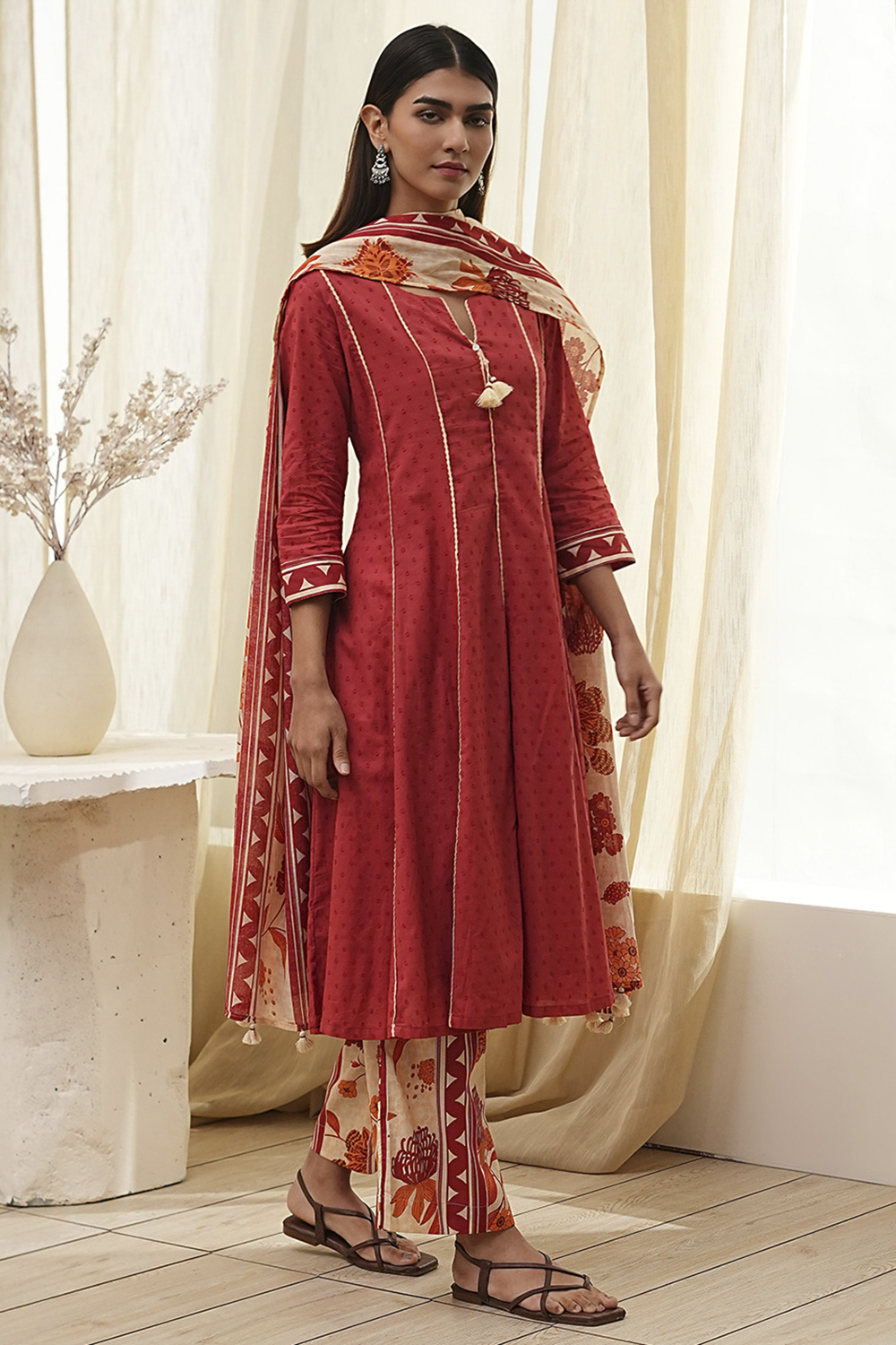 Rust Cotton Yarn-Dyed Kalidar Suit Set image number 5