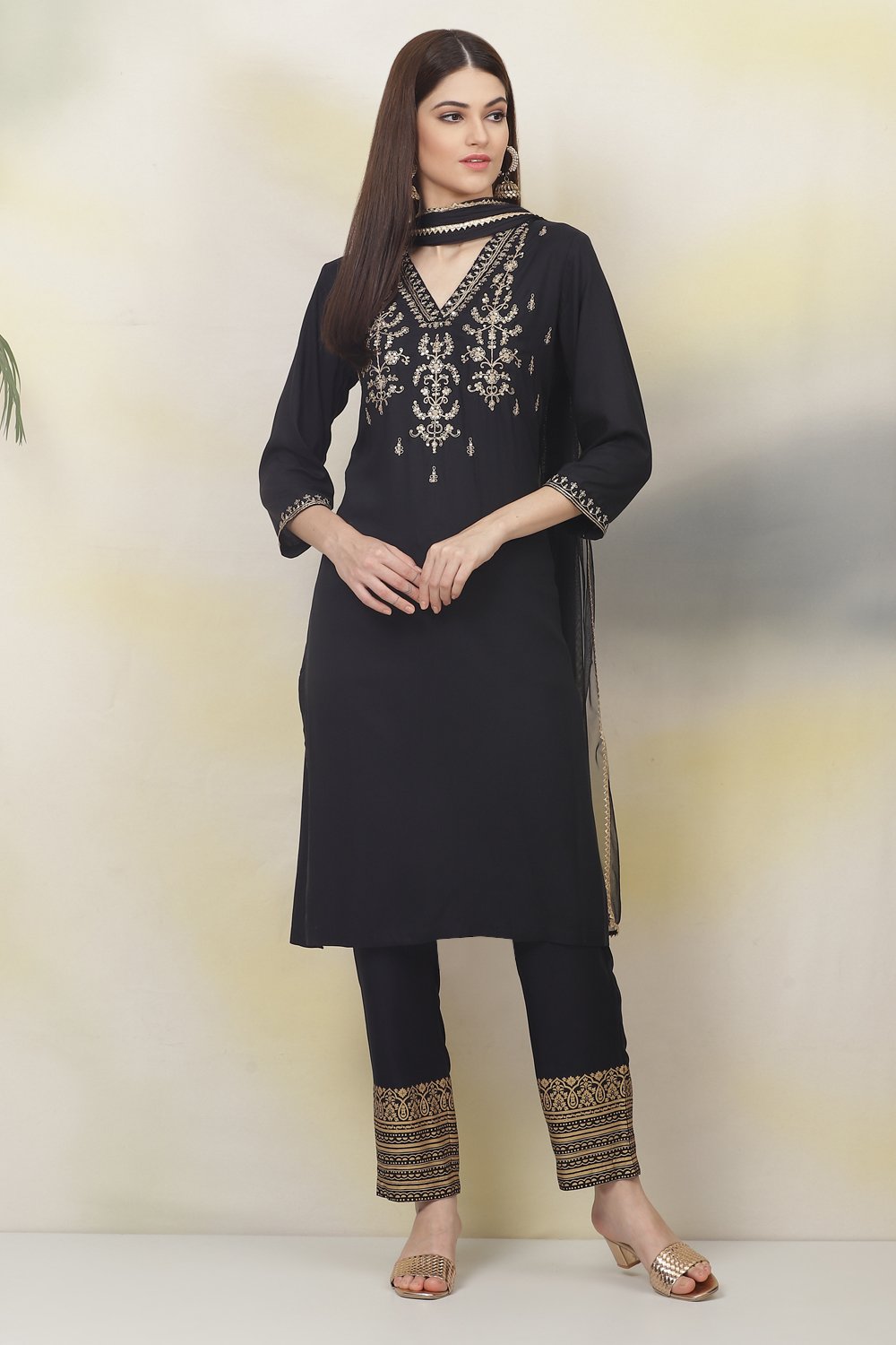 Black Rayon Straight Kurta Pant Suit Set image number 4