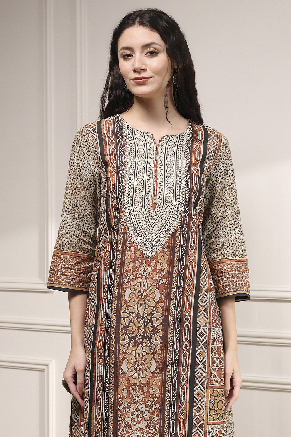 Brown Cotton Printed Straight Suit Set image number 1