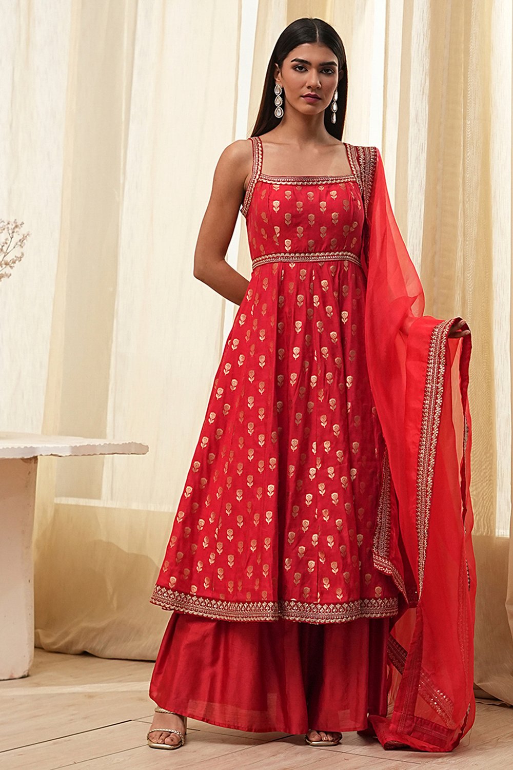 Red Yarn-Dyed Strappy Anarkali Suit Set image number 6
