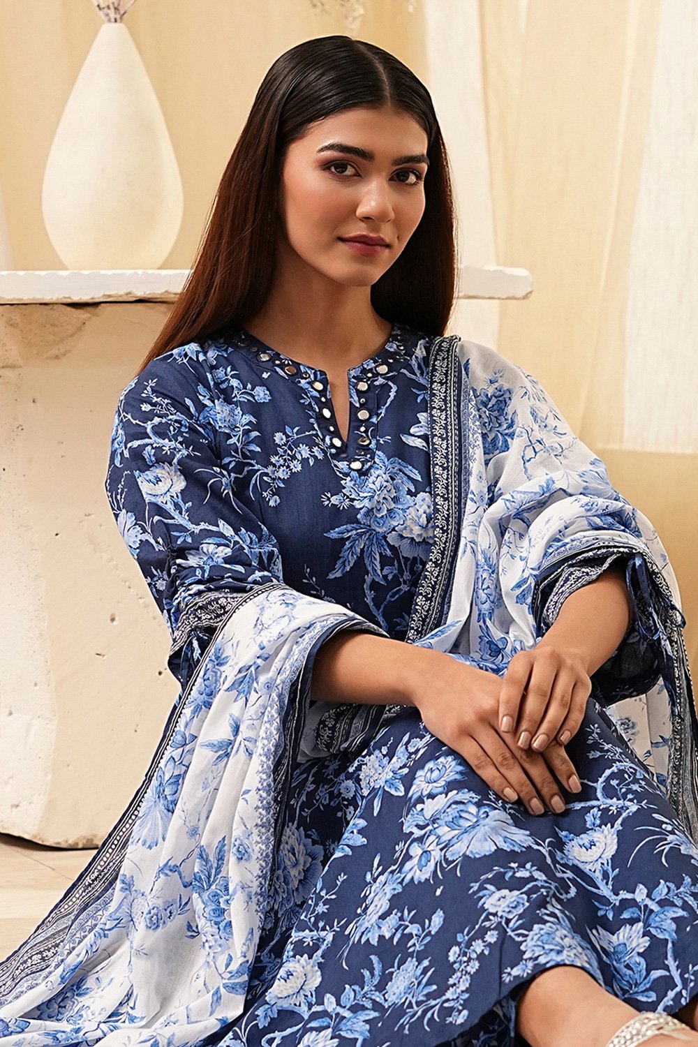 Indigo Pure Cotton Floral Gathered Suit Set image number 0