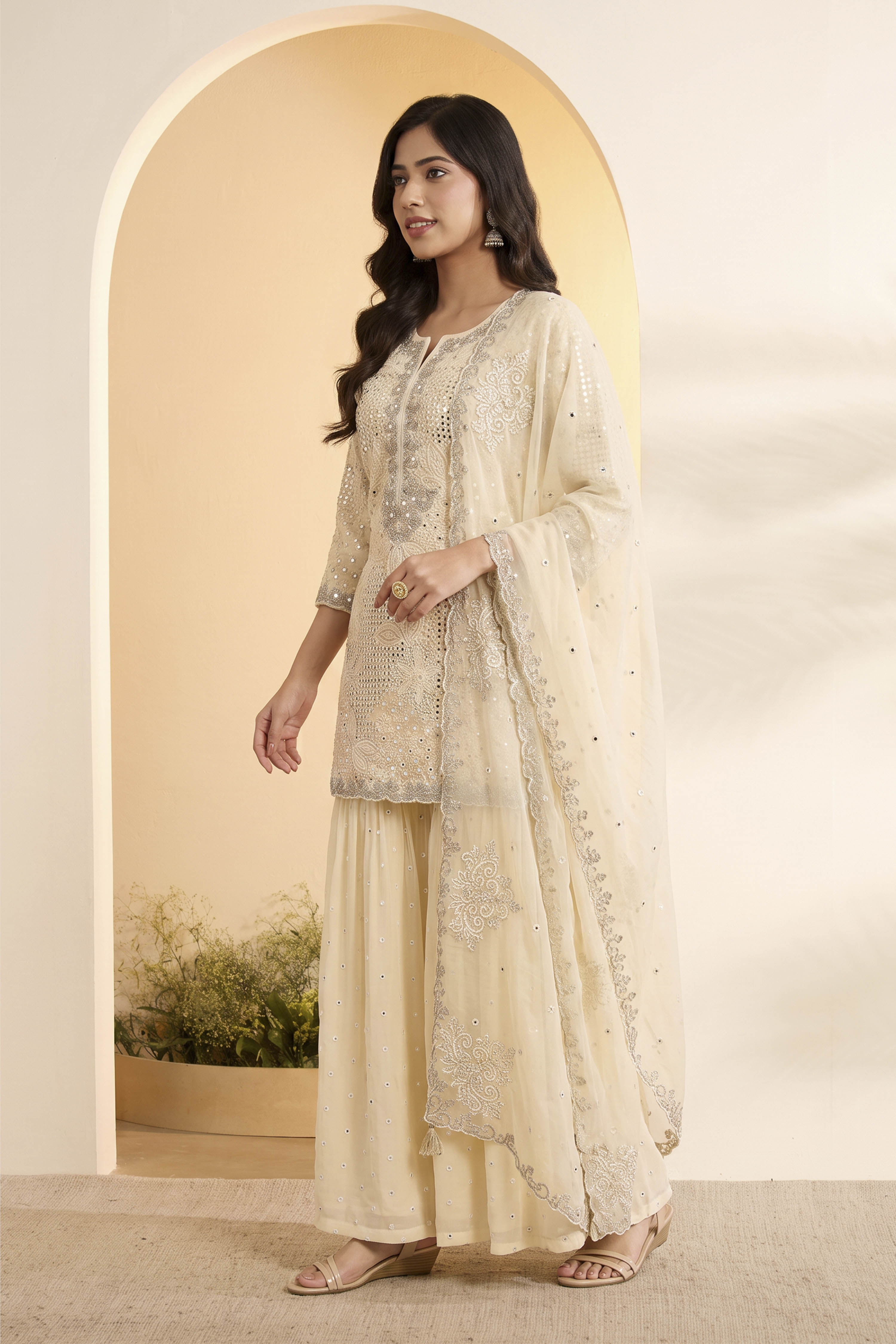 Powder Blue Butterfly Net Embroidered Sharara Suit Set image number 2