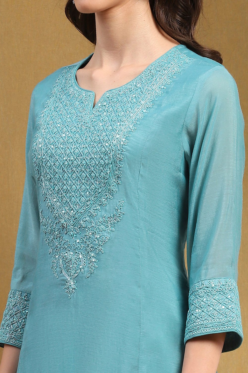 Turquoise Embroidered Festive Kalidar Suit Set image number 1