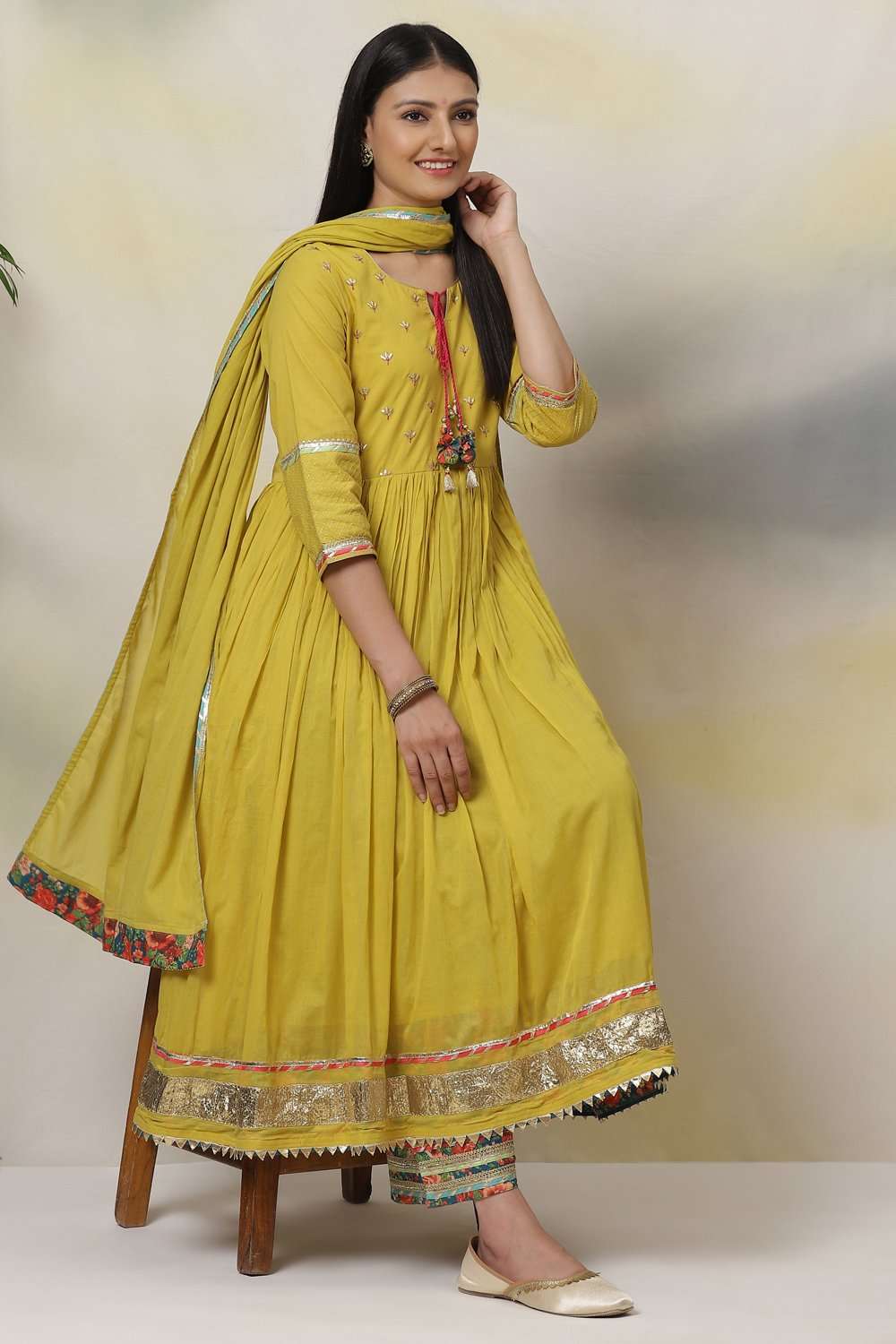 Lime Green Cotton Anarkali Kurta Palazzo Suit Set image number 5