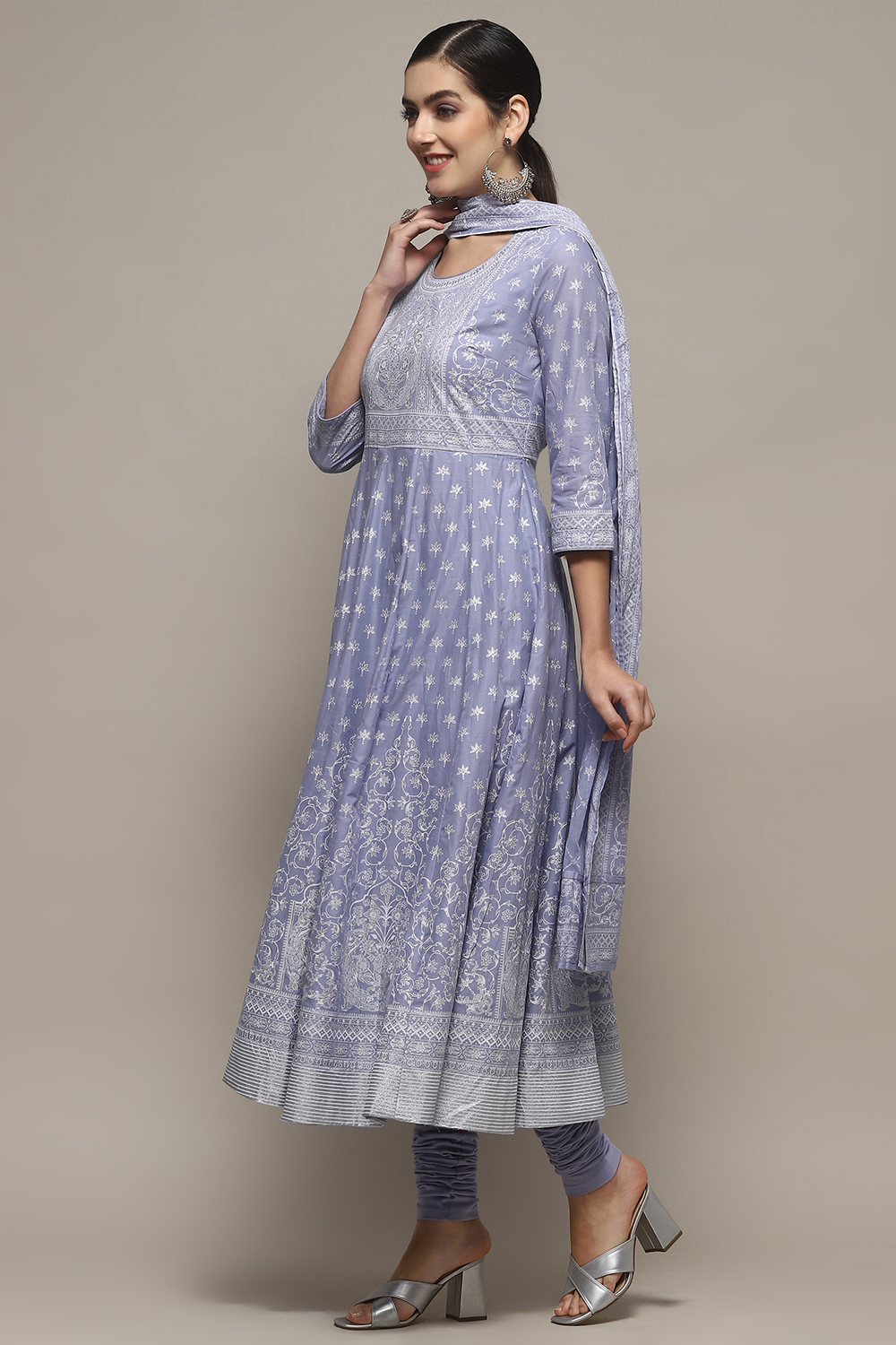 Powder Blue Cotton Anarkali Suit Set image number 4