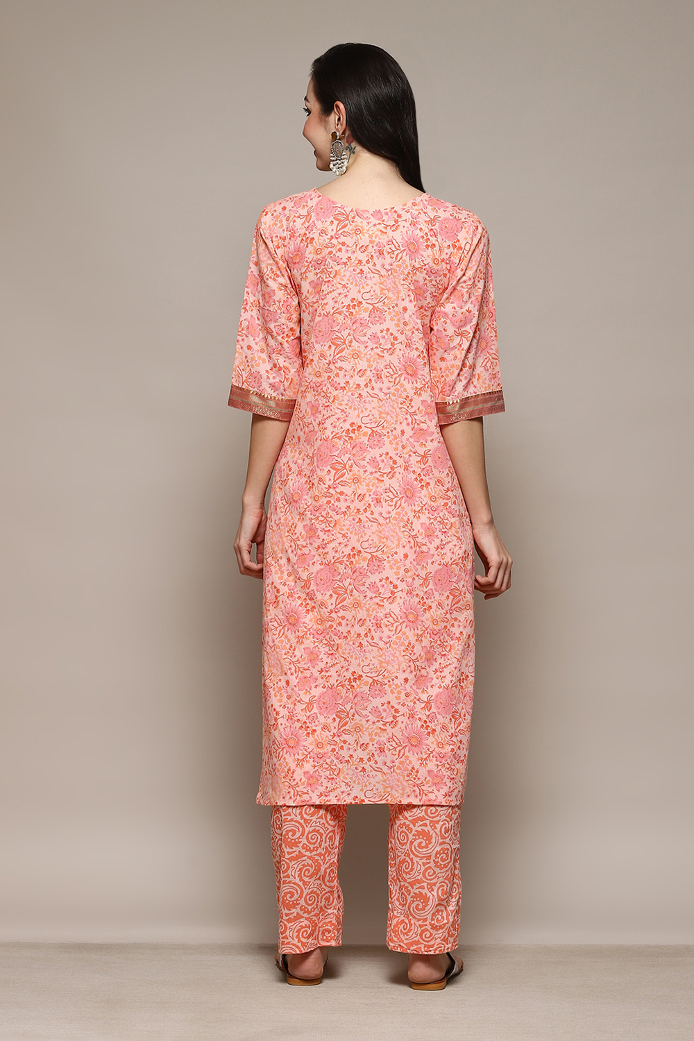 Peach Cotton Hand Block Print Unstitched Suit Set image number 5