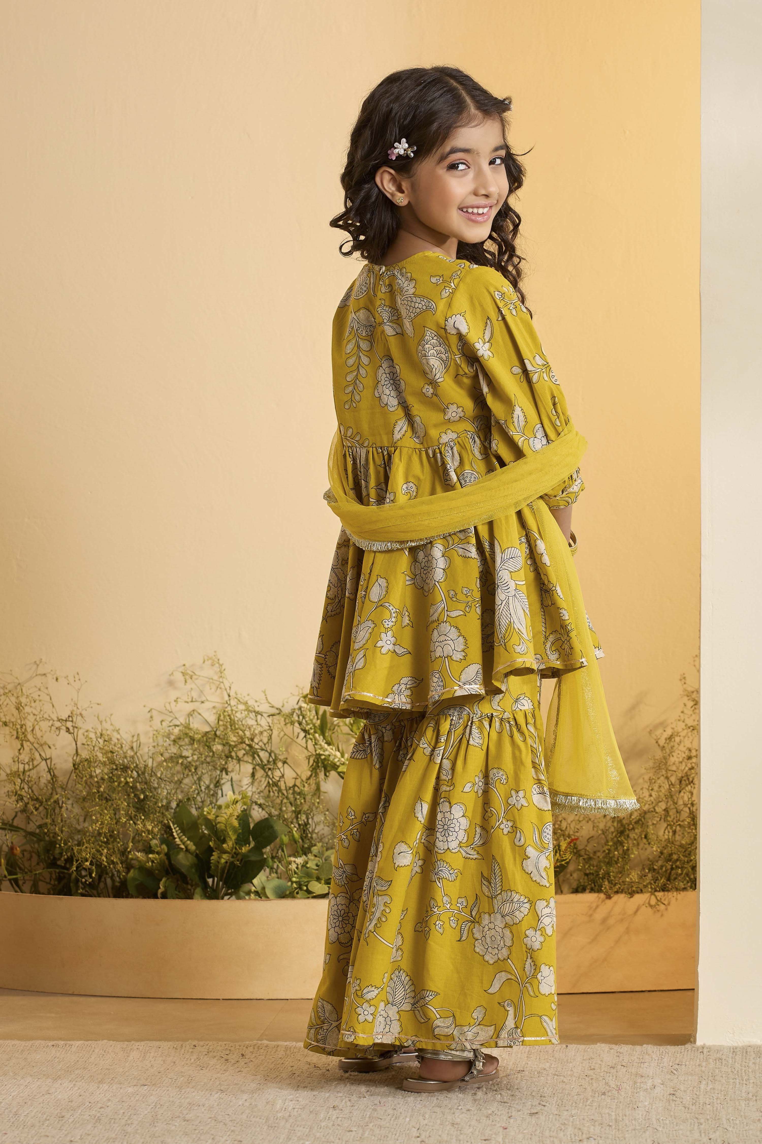 Yellow Cotton Floral Peplum Kurta Set image number 4