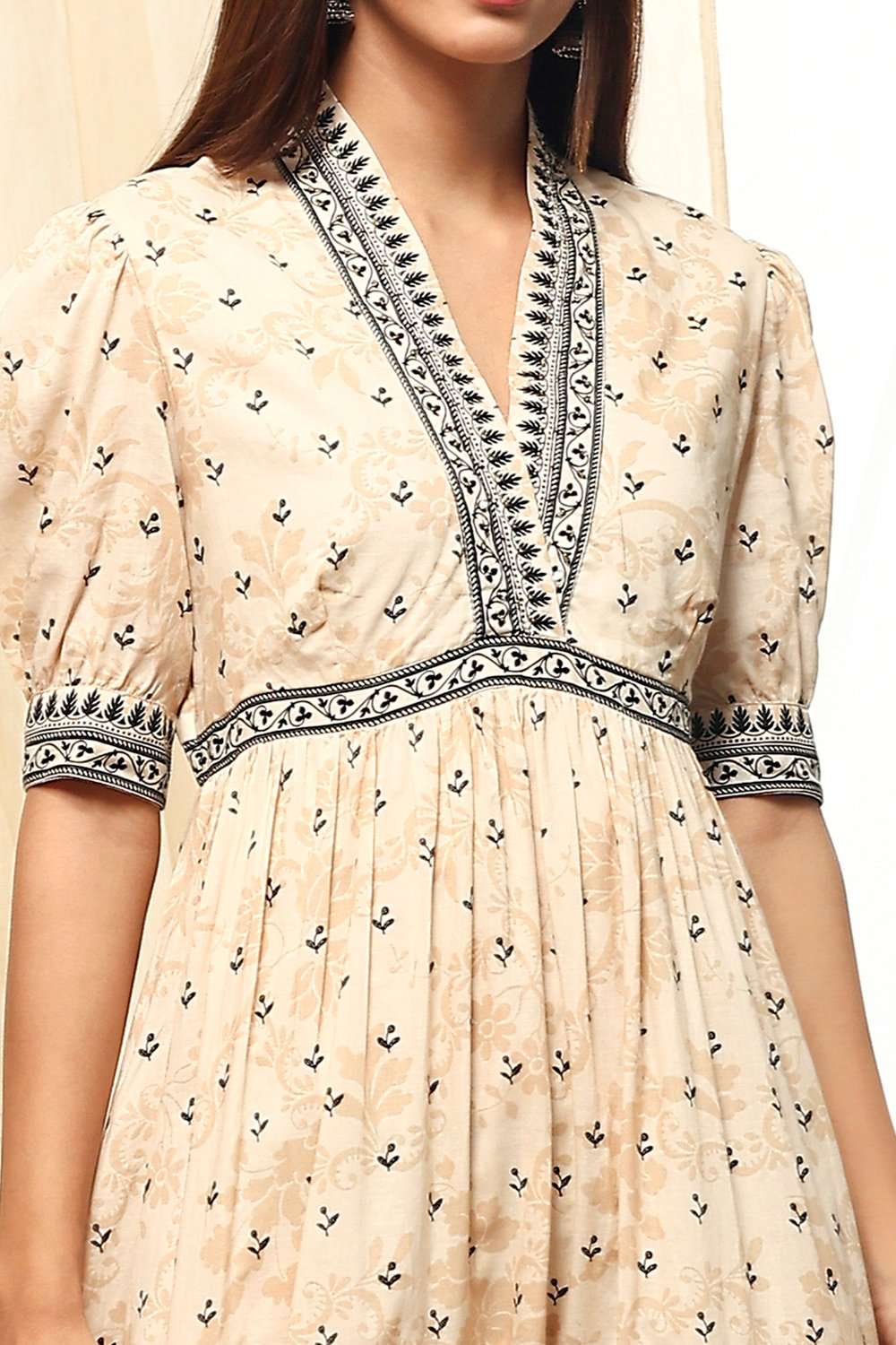 Off-White and Black Cotton Printed Tiered Dress image number 1