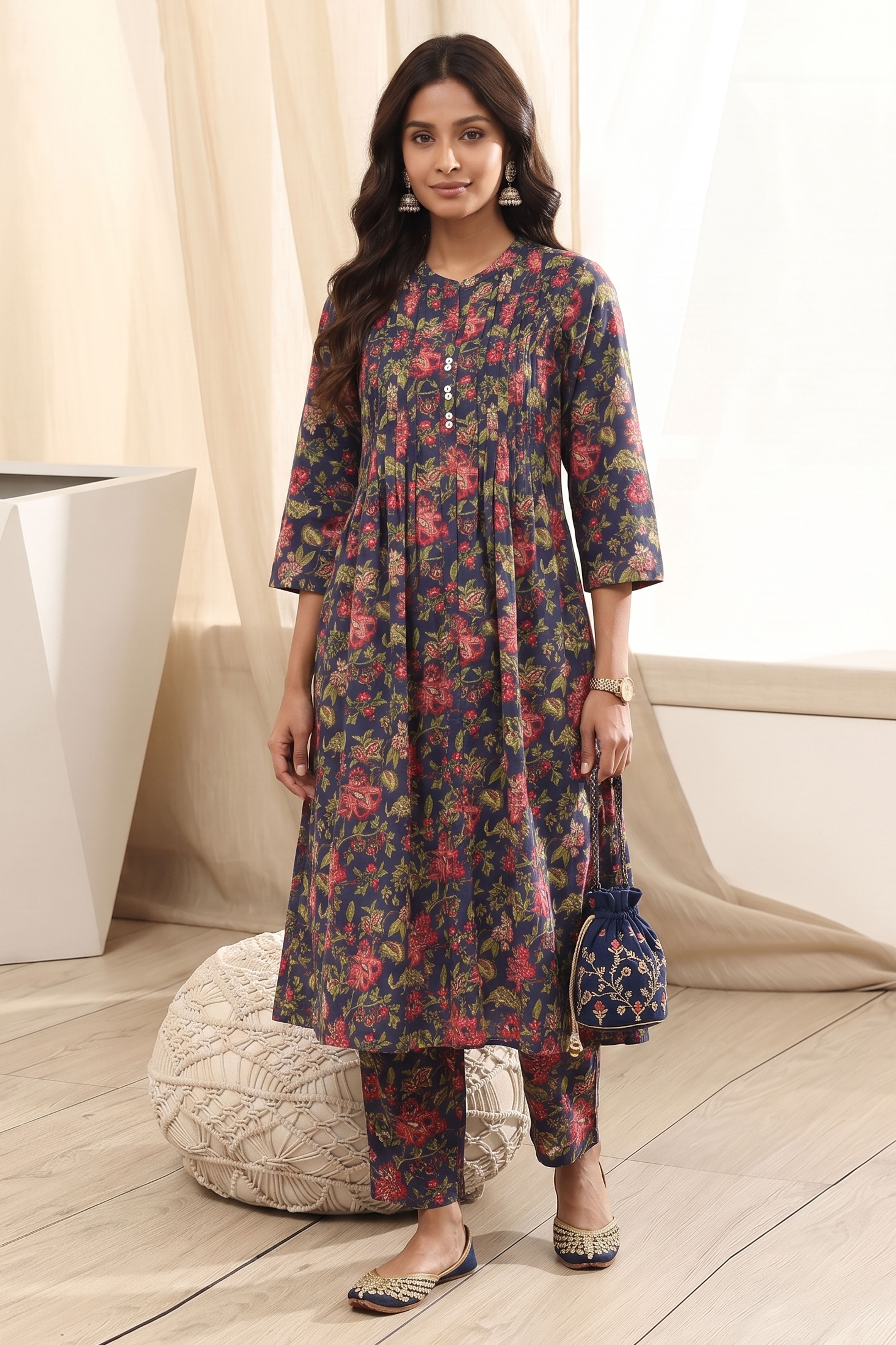 Navy Cotton Straight Kurta image number 0