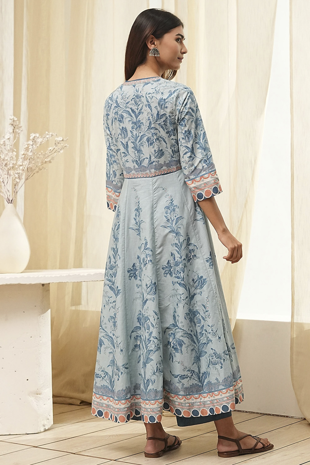 Dull Blue Cotton Floral Anarkali Suit Set image number 4