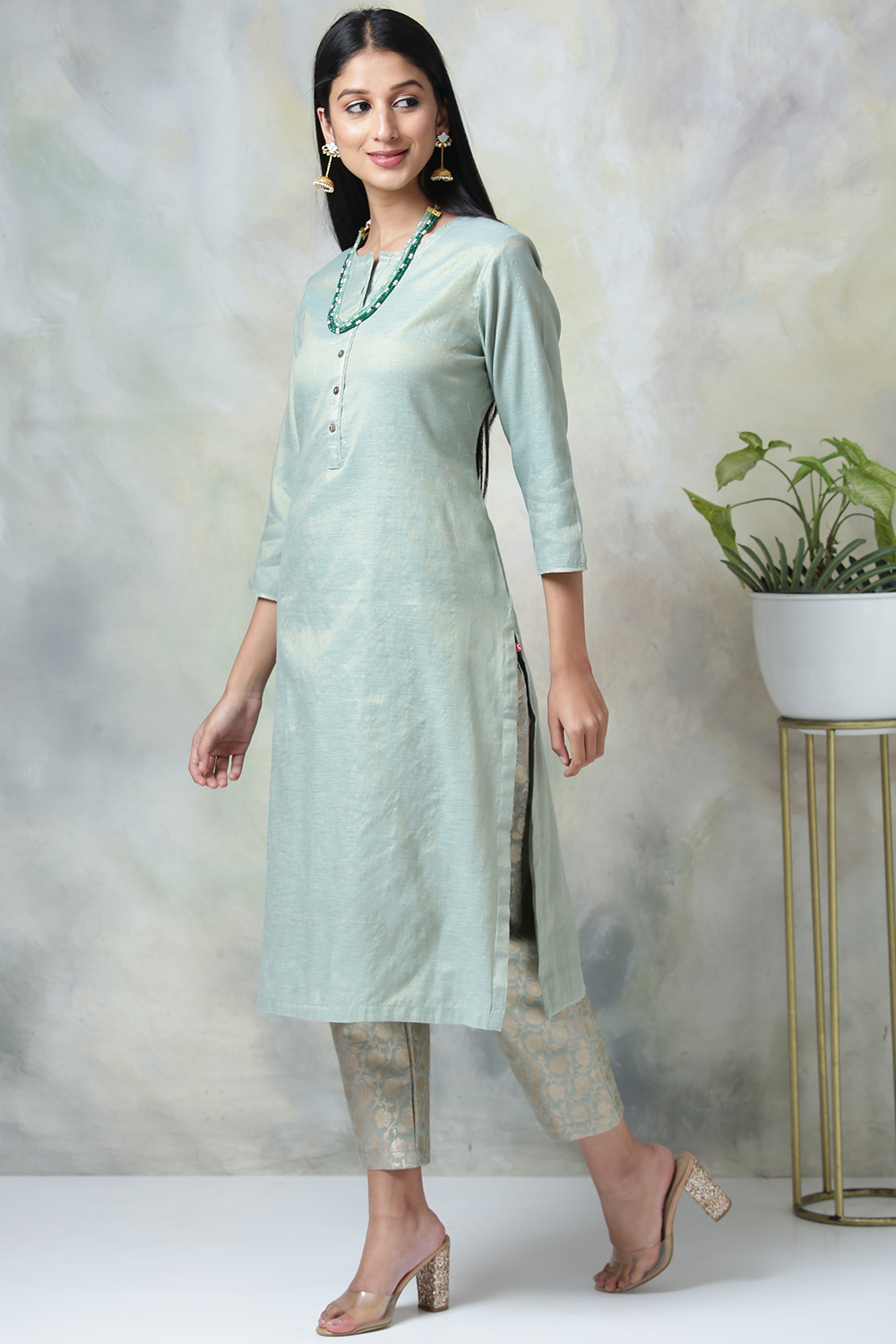 Sage Green Metallic Cotton Kurta Pants Set image number 3