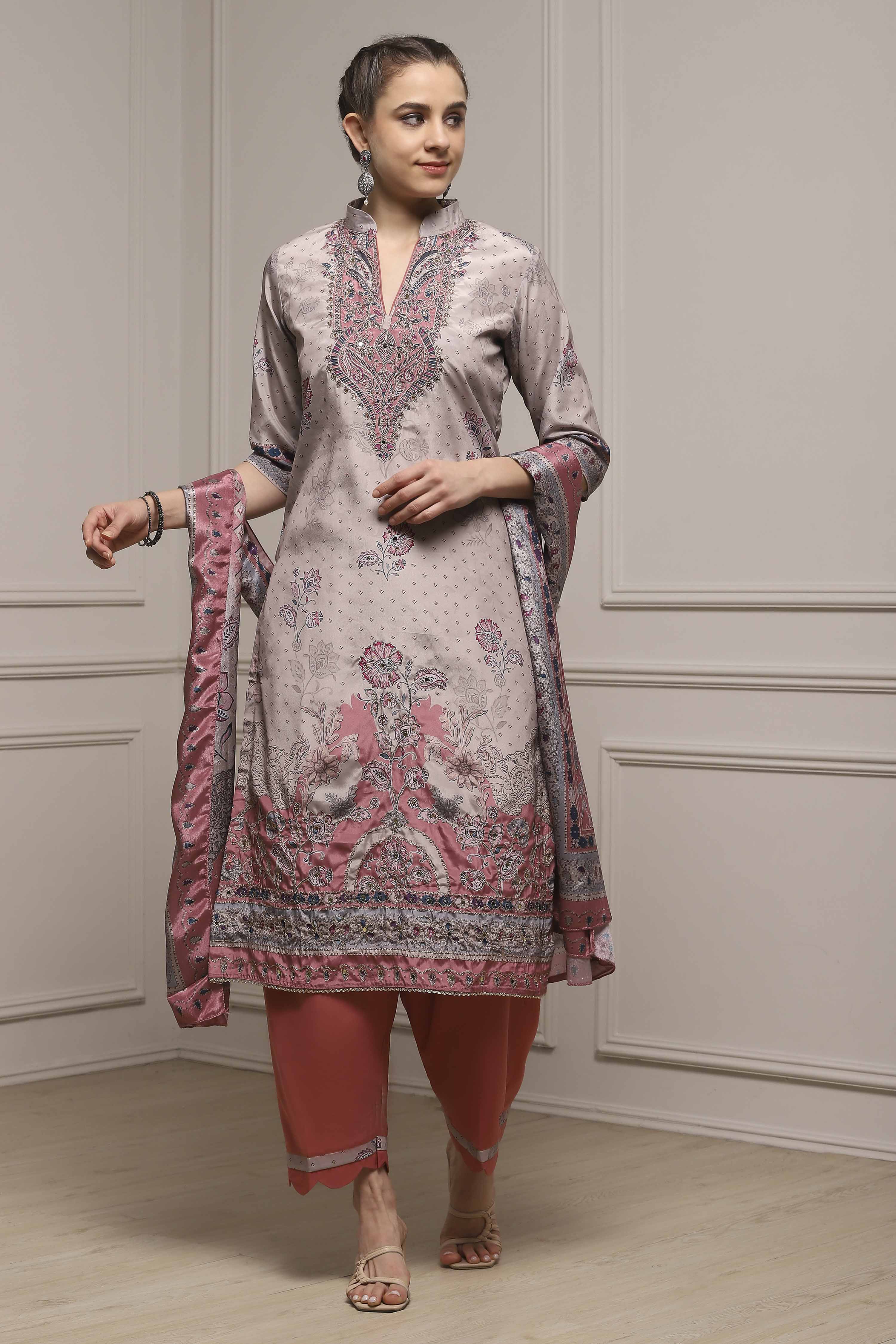 Brown Poly Crepe Digital Print Unstitched Suit Set image number 1