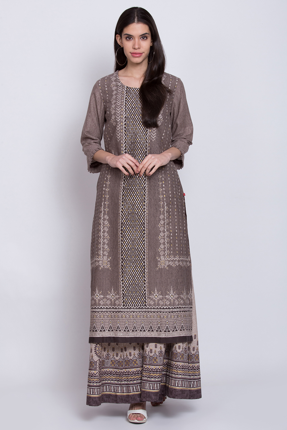 Sand Brown Cotton Flax Straight Printed Kurta image number 0