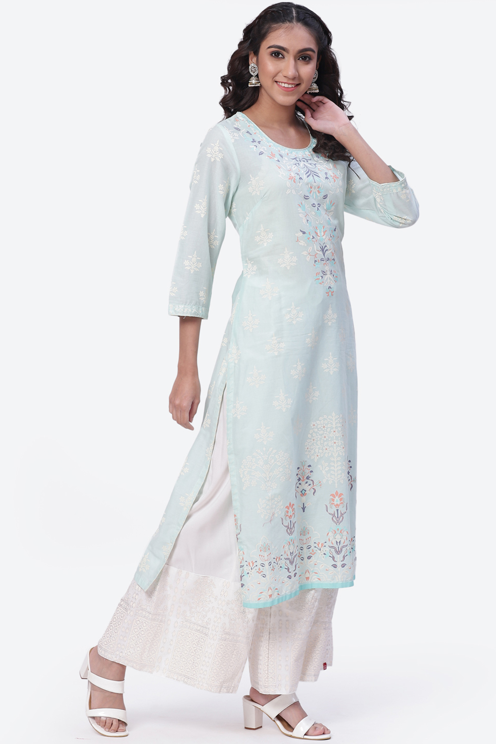 Aqua Blue Cotton Straight Suit Set image number 6