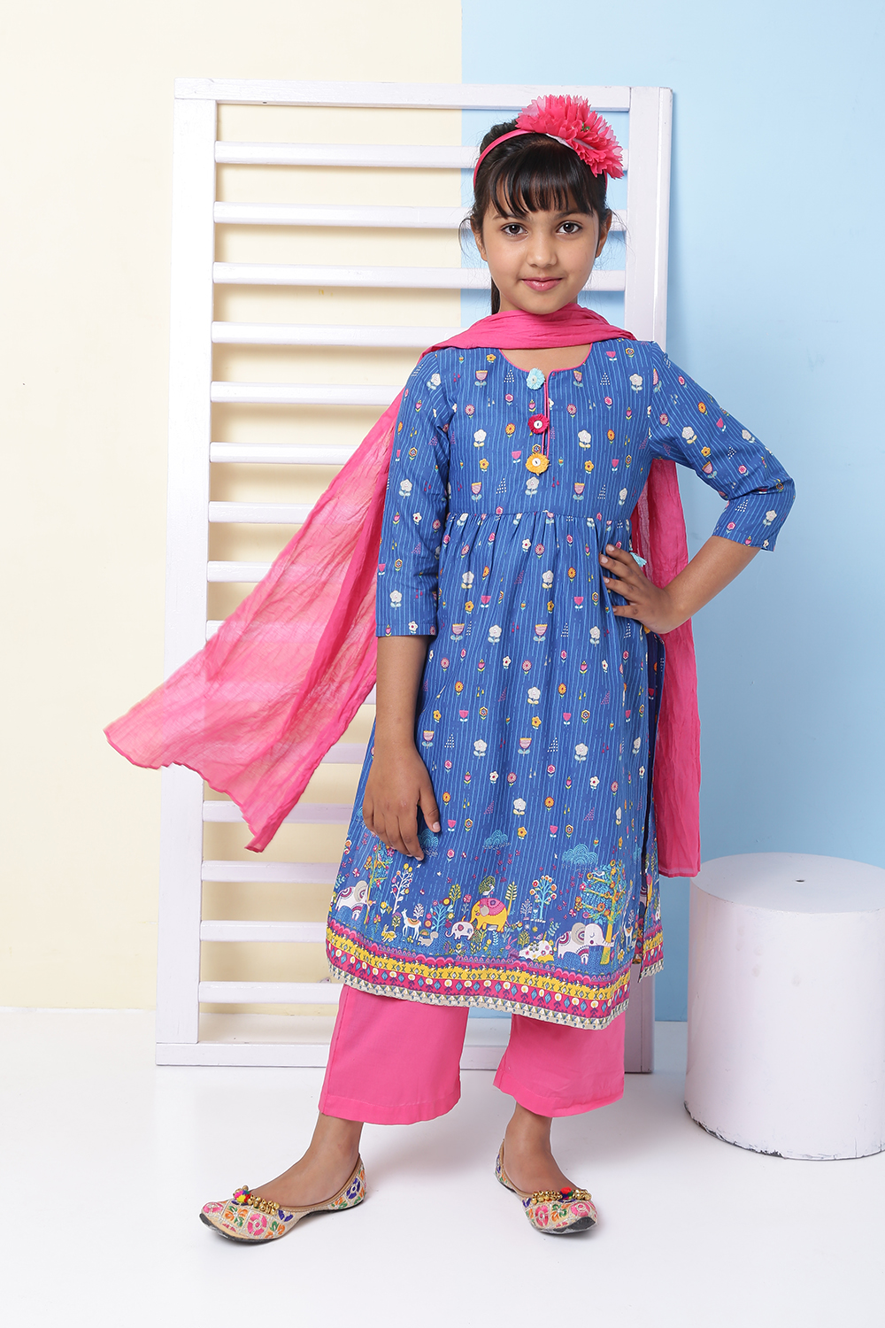 Blue Cotton A-Line Straight Kurta Palazzo Suit Set image number 0