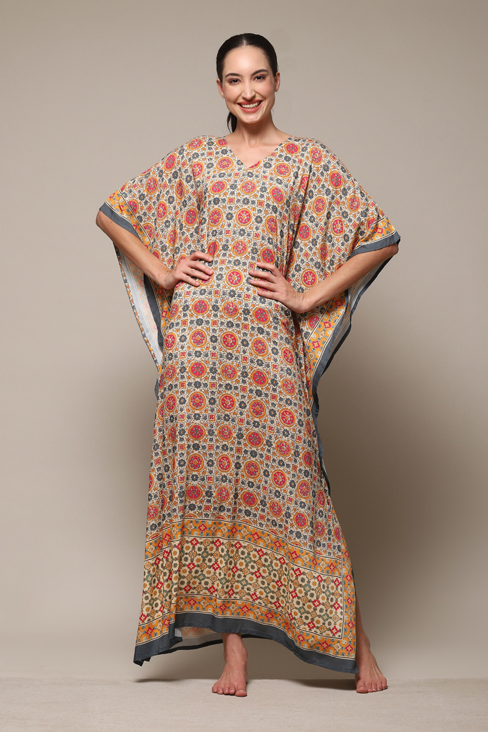 Beige Rayon Printed Kaftan image number 0